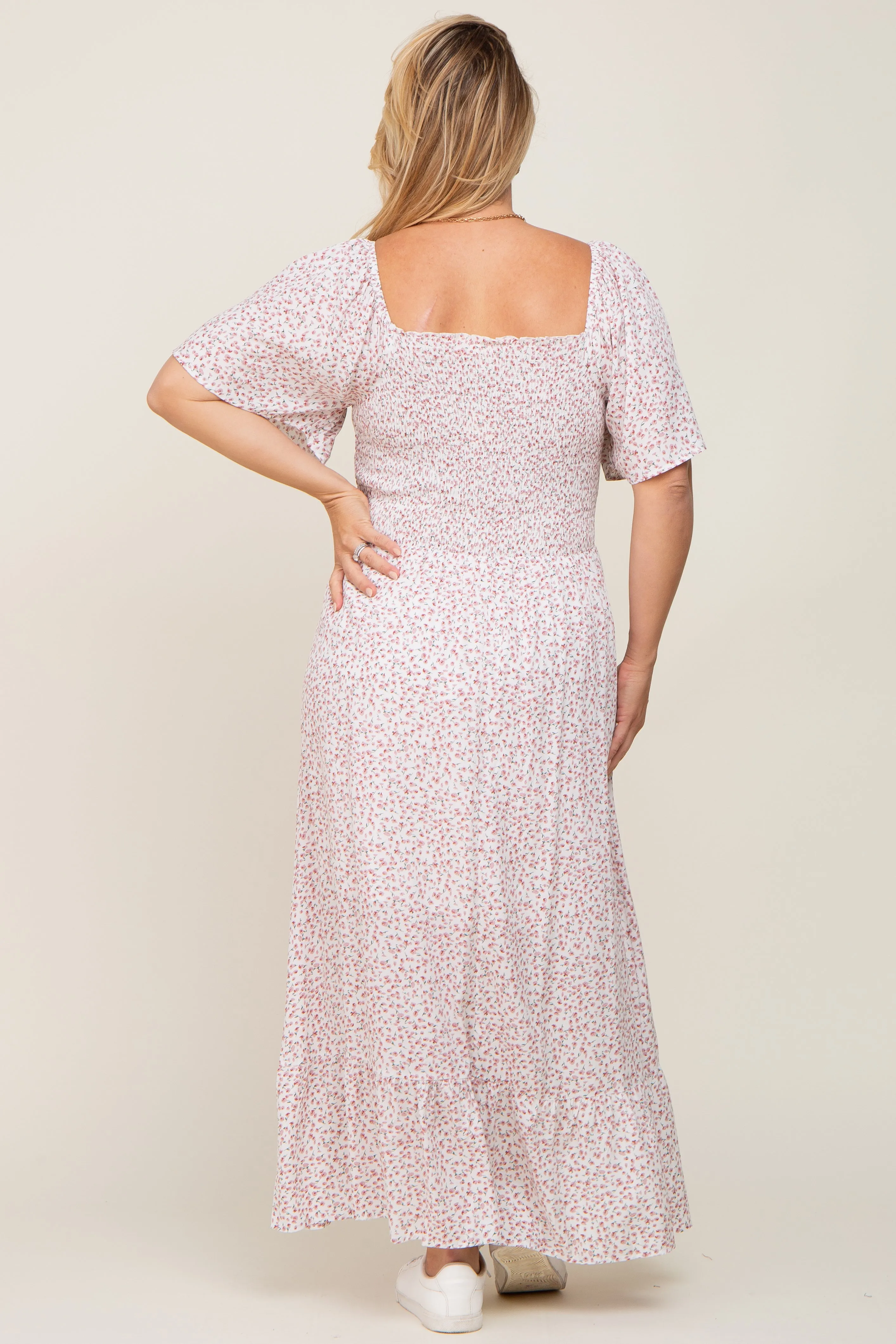 Ivory Floral Smocked Flounce Sleeve Maternity Plus Maxi Dress sold by Pinkblush product image thumbnail 2