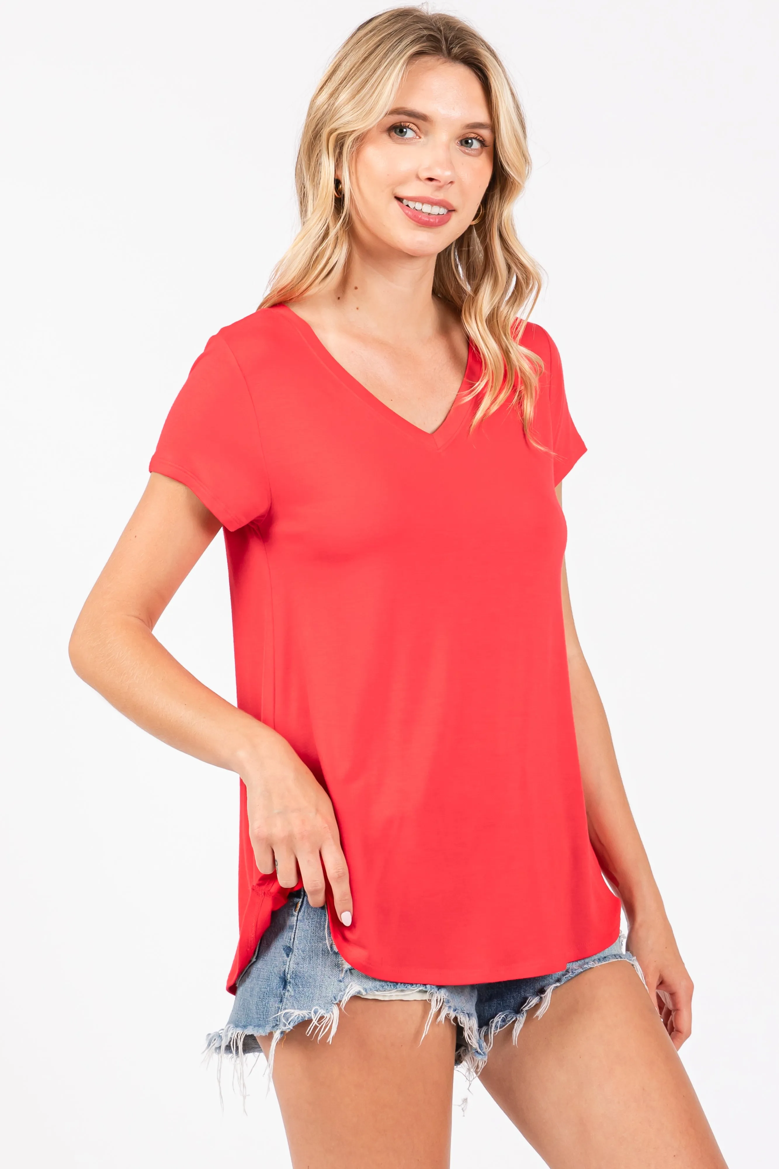 Red Basic V-Neck Short Sleeve Top sold by Pinkblush product image thumbnail 2