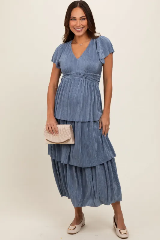 Blue Pleated Tiered Maternity Midi Dress sold by Pinkblush