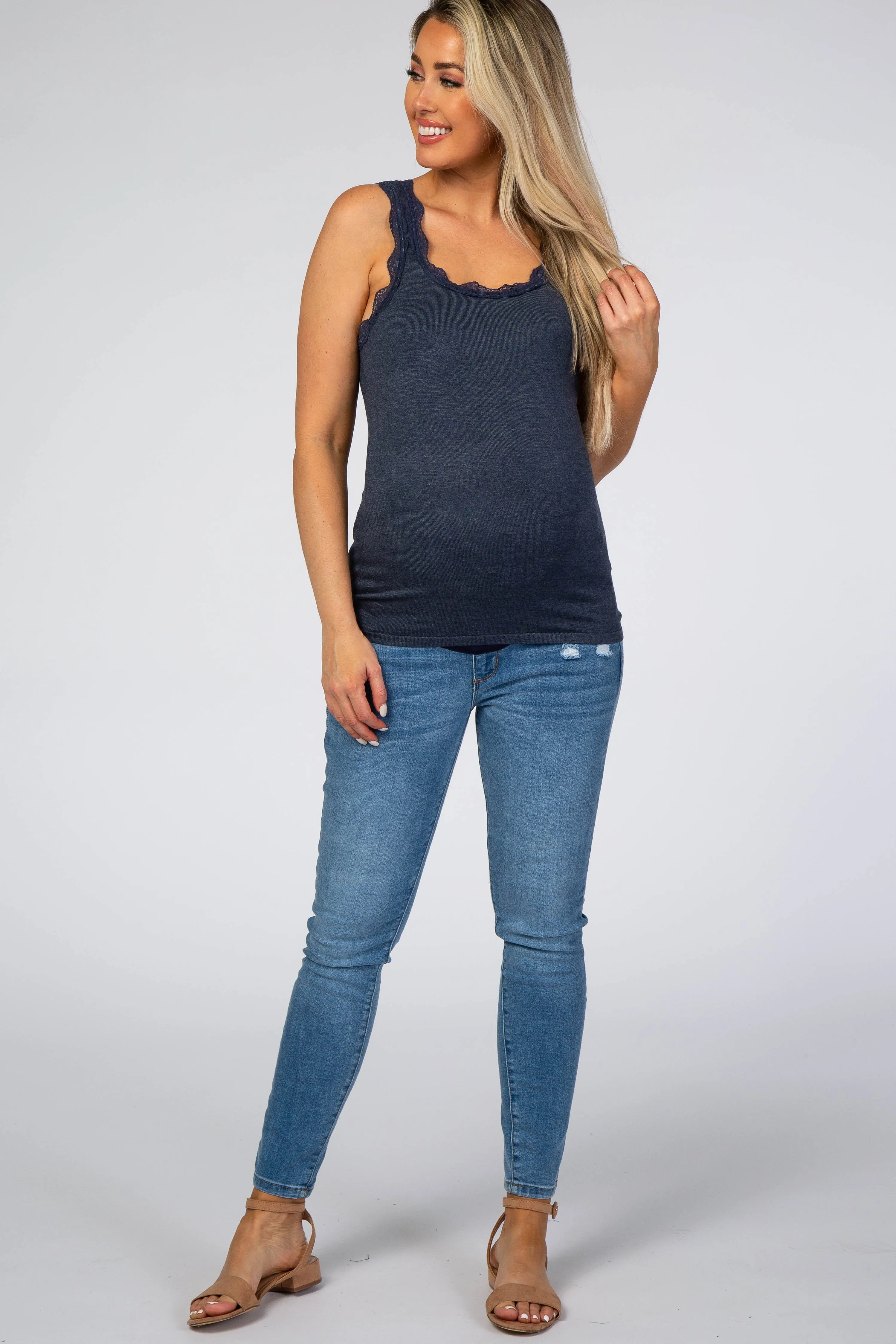 Navy Knit Lace Trim Maternity Tank sold by Pinkblush product image thumbnail 4