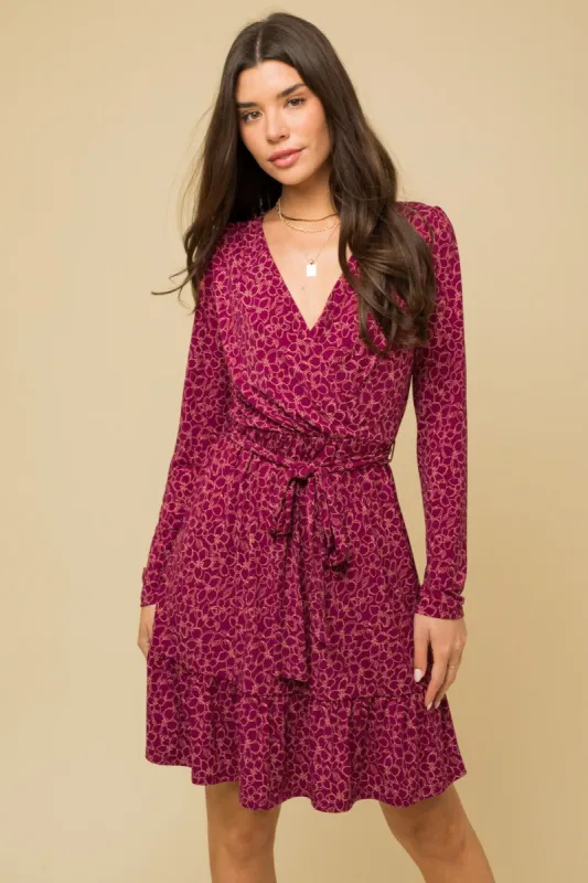 Plum Long Sleeve Surplice Ruffle Hem Mini Dress sold by Pinkblush