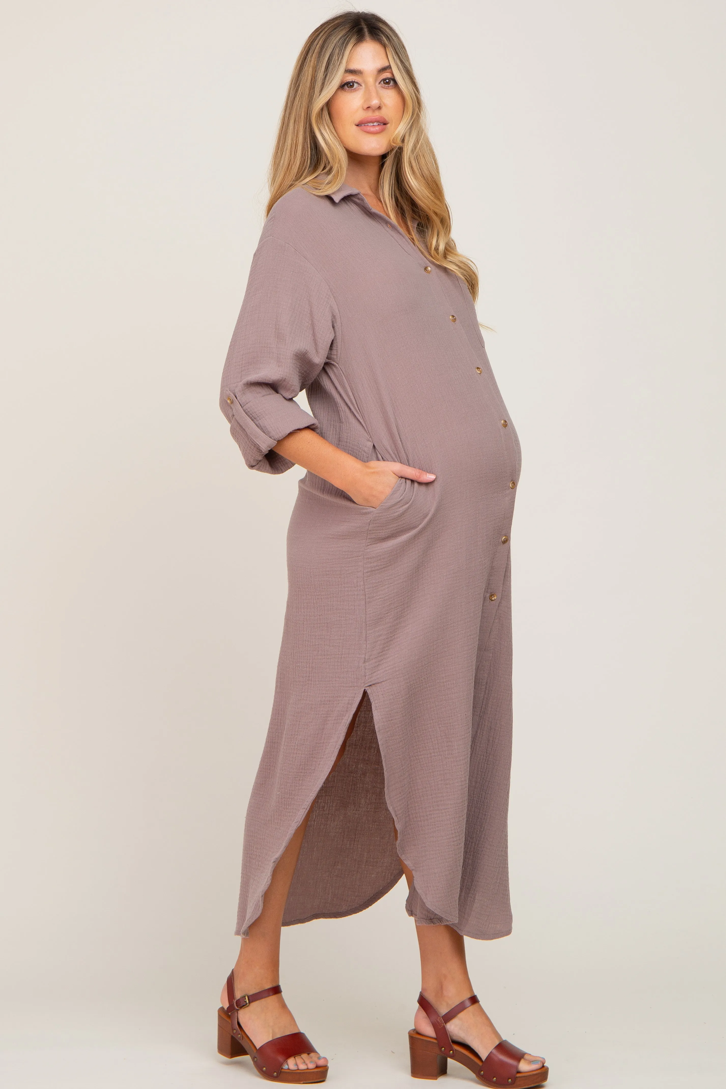Taupe Button Down 3/4 Sleeve Maternity Midi Dress sold by Pinkblush product image thumbnail 2