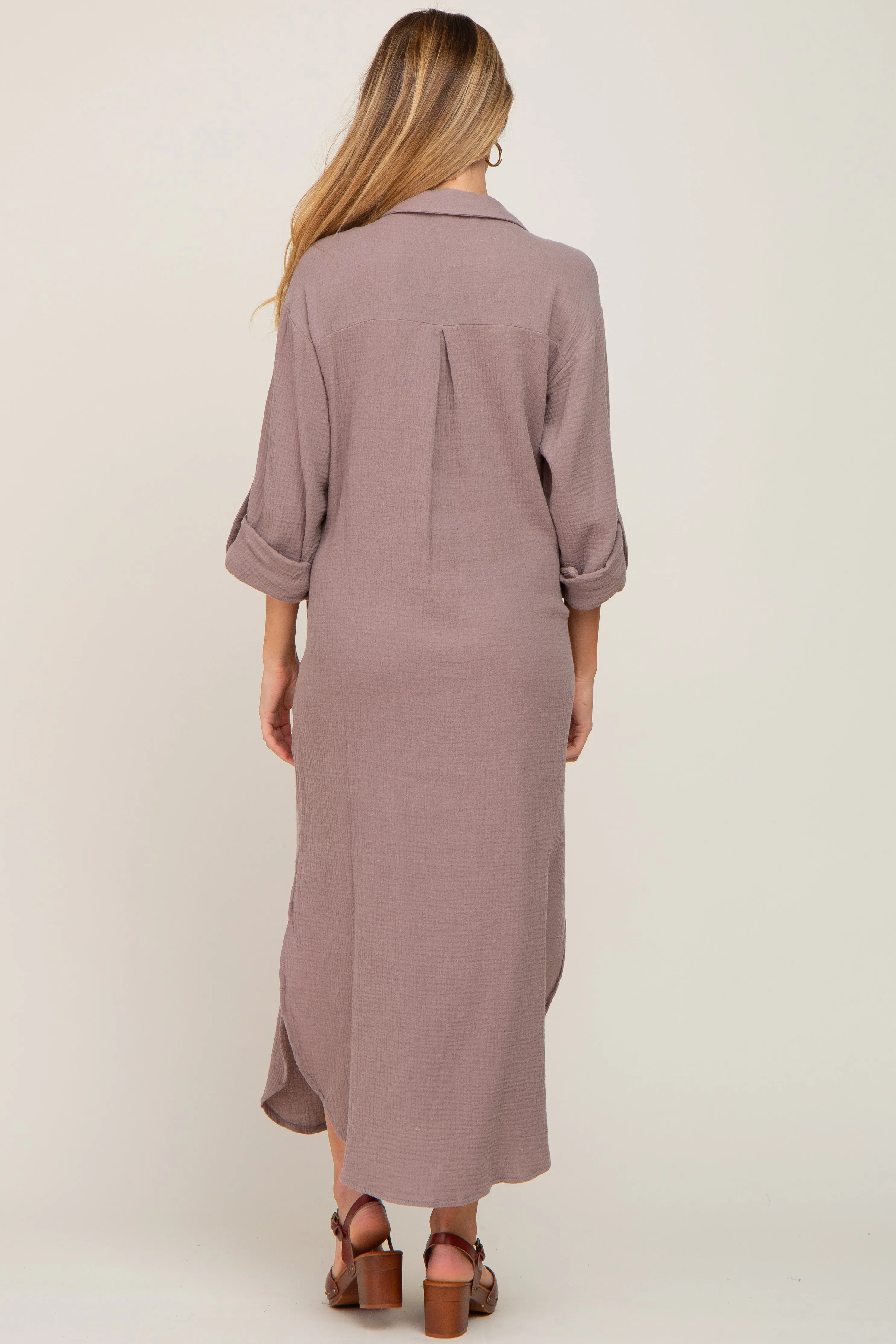 Taupe Button Down 3/4 Sleeve Maternity Midi Dress sold by Pinkblush product image thumbnail 3
