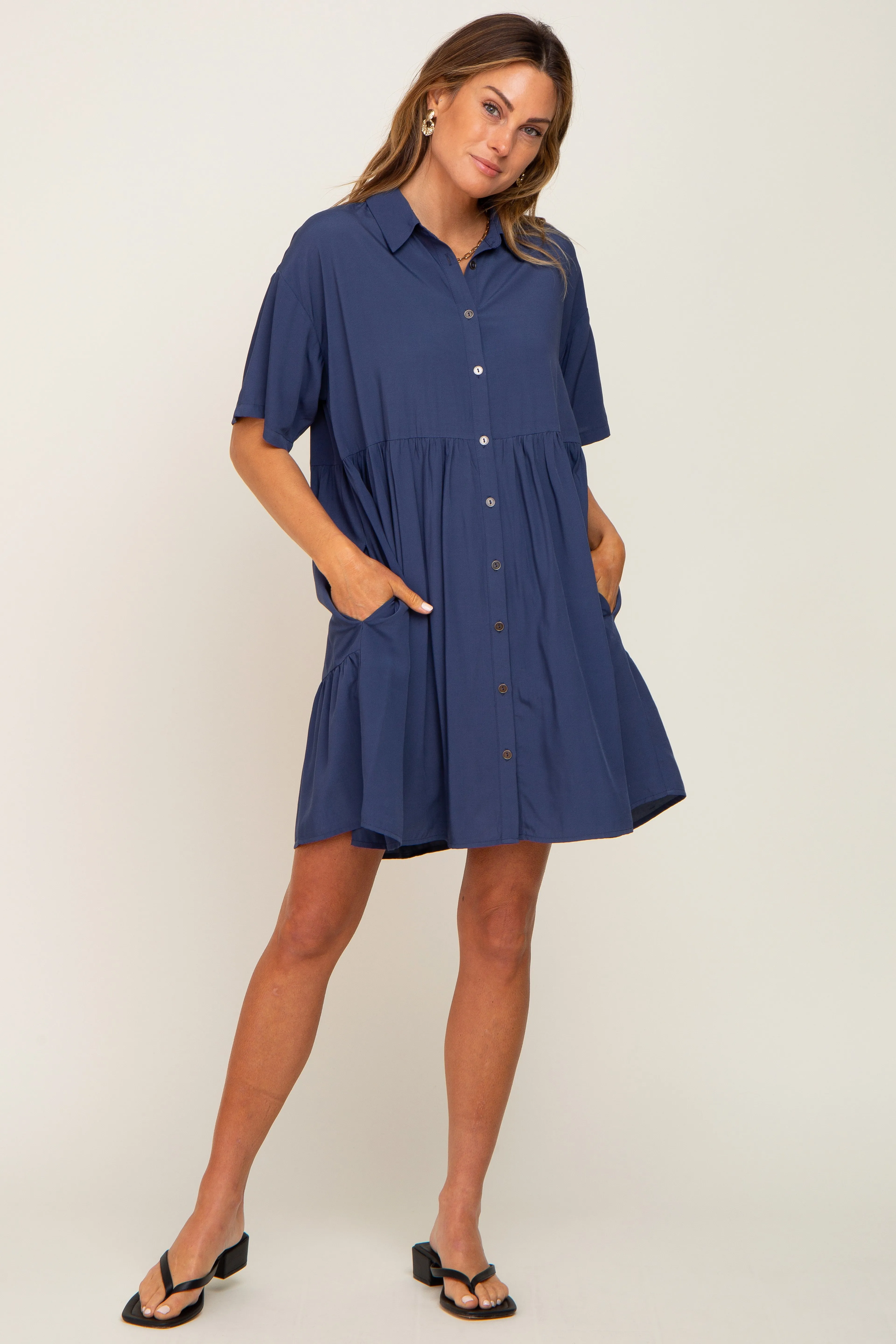 Navy Buttondown Short Sleeve Dress sold by Pinkblush product image thumbnail 5