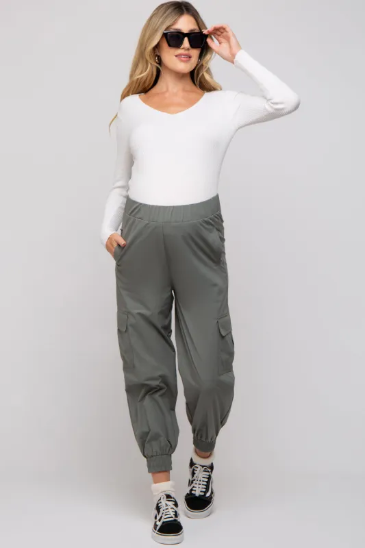 Light Olive Cargo Maternity Joggers sold by Pinkblush