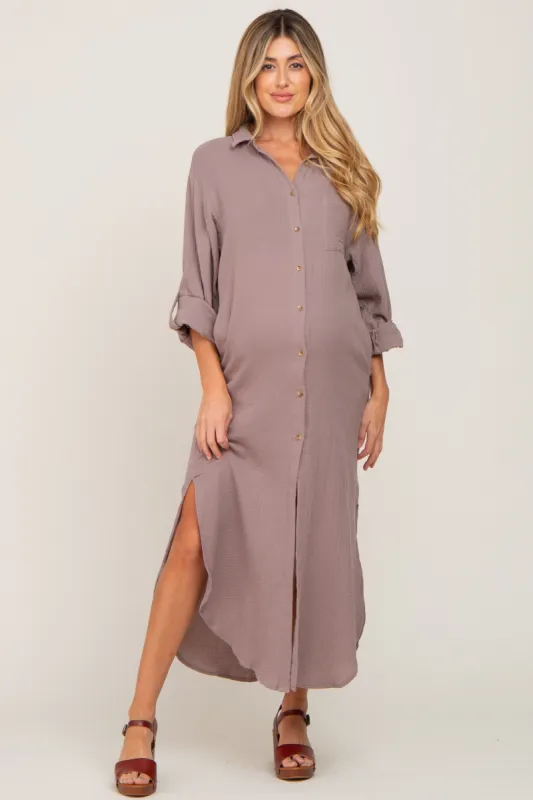 Taupe Button Down 3/4 Sleeve Maternity Midi Dress sold by Pinkblush