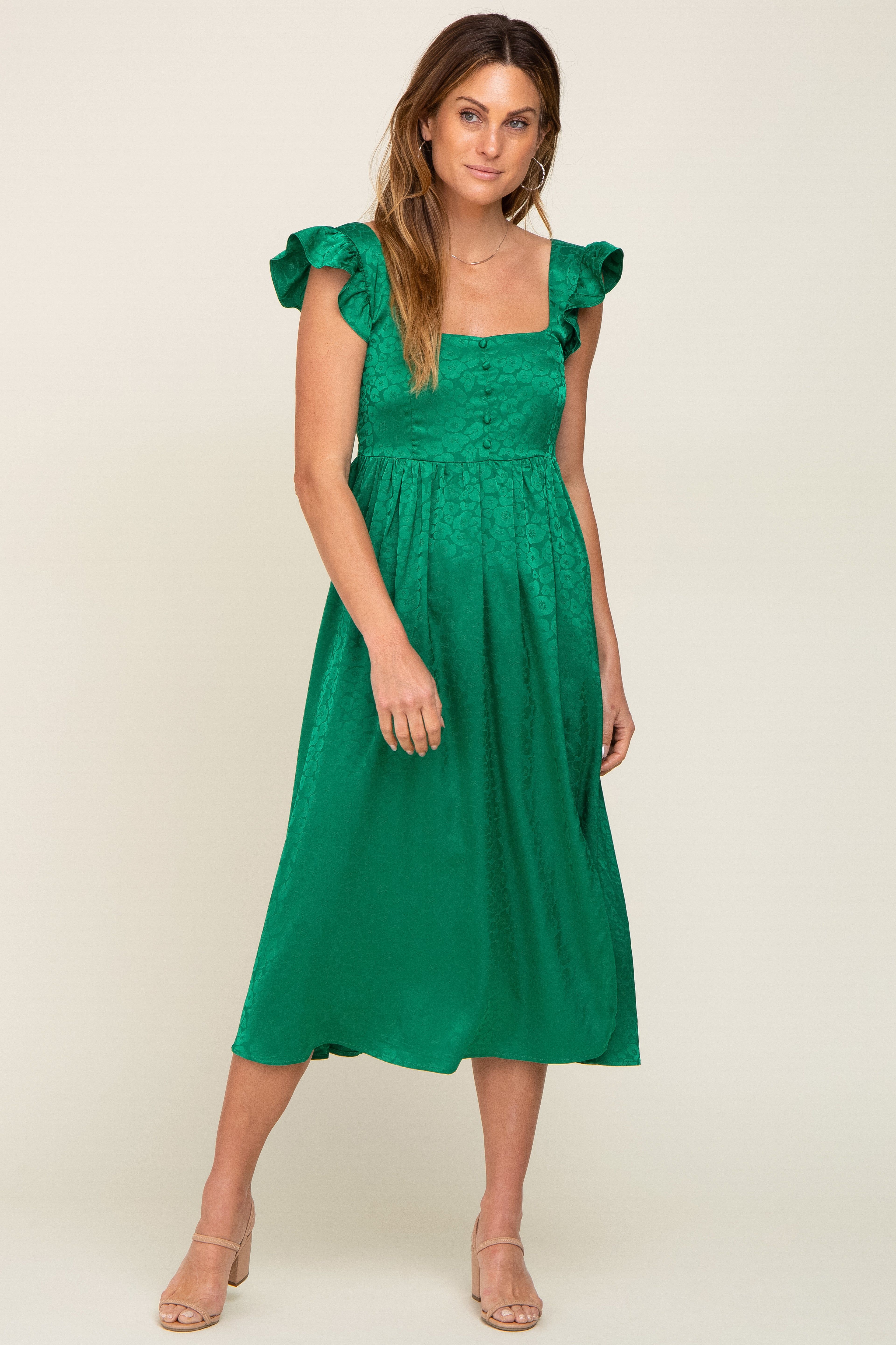 Green Satin Floral Square Neck Ruffle Strap Midi Dress sold by Pinkblush product image thumbnail 4