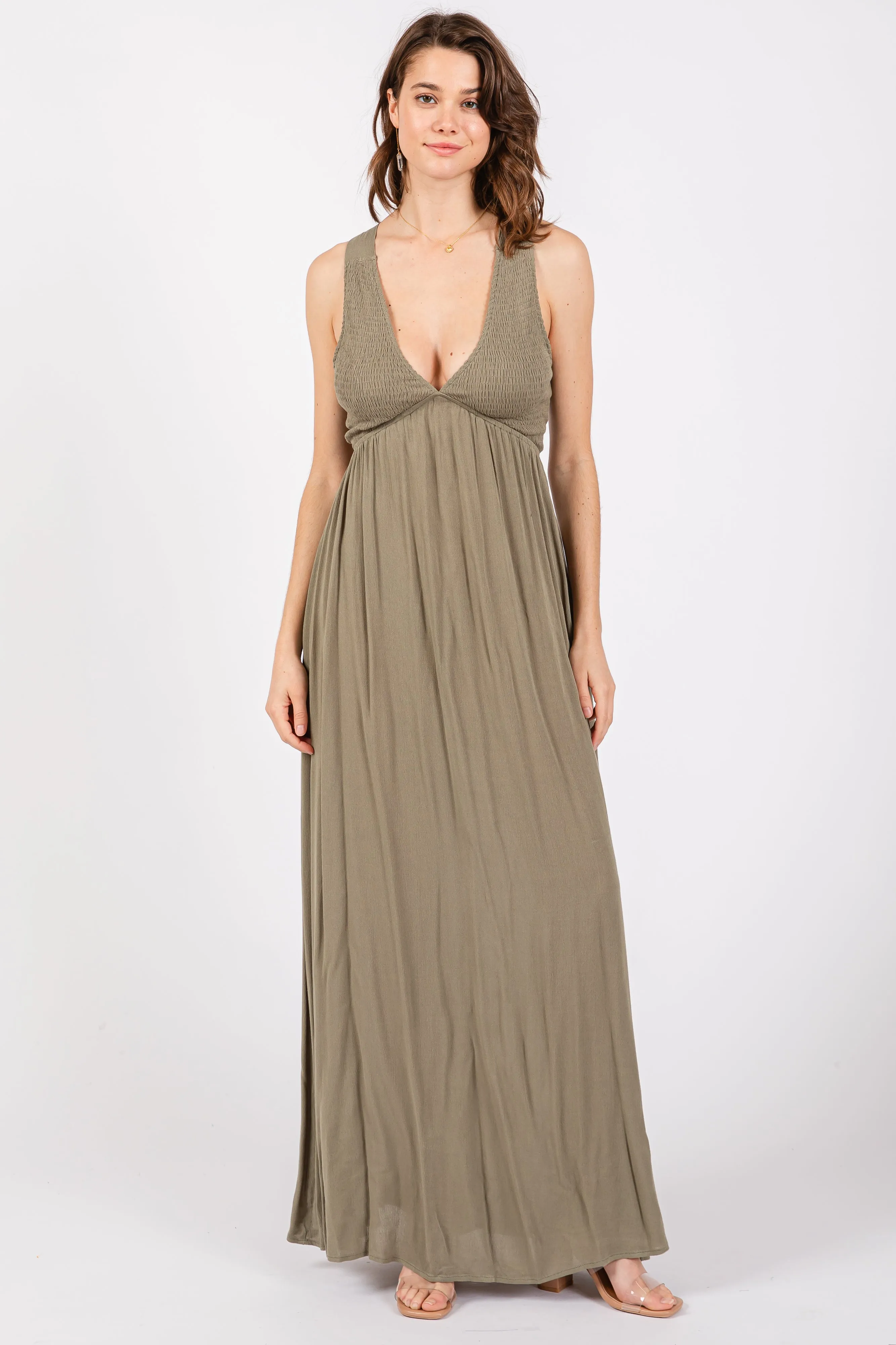 Olive Deep V-Neck Cross Back Maternity Maxi Dress sold by Pinkblush product image thumbnail 5