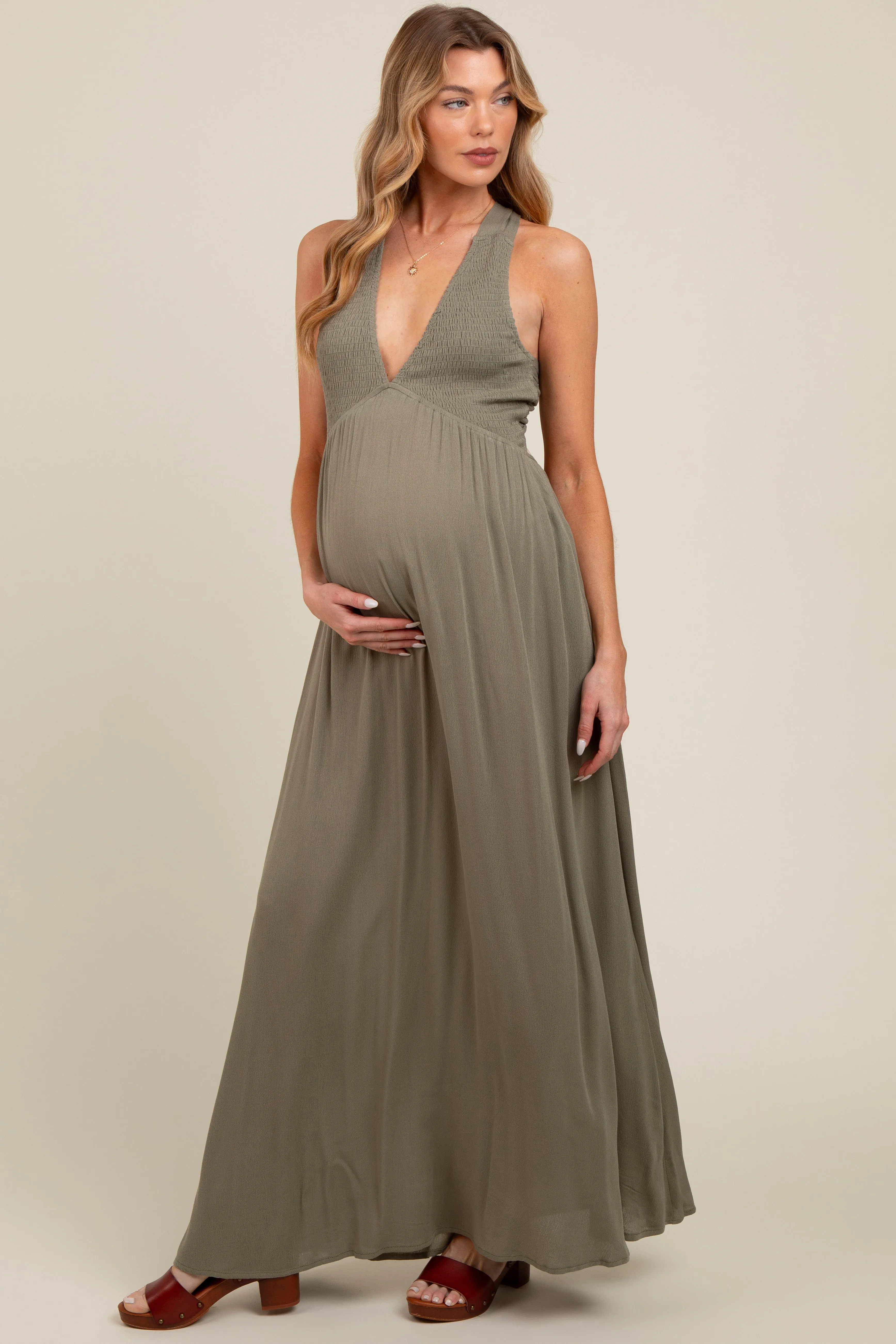 Olive Deep V-Neck Cross Back Maternity Maxi Dress sold by Pinkblush product image thumbnail 2