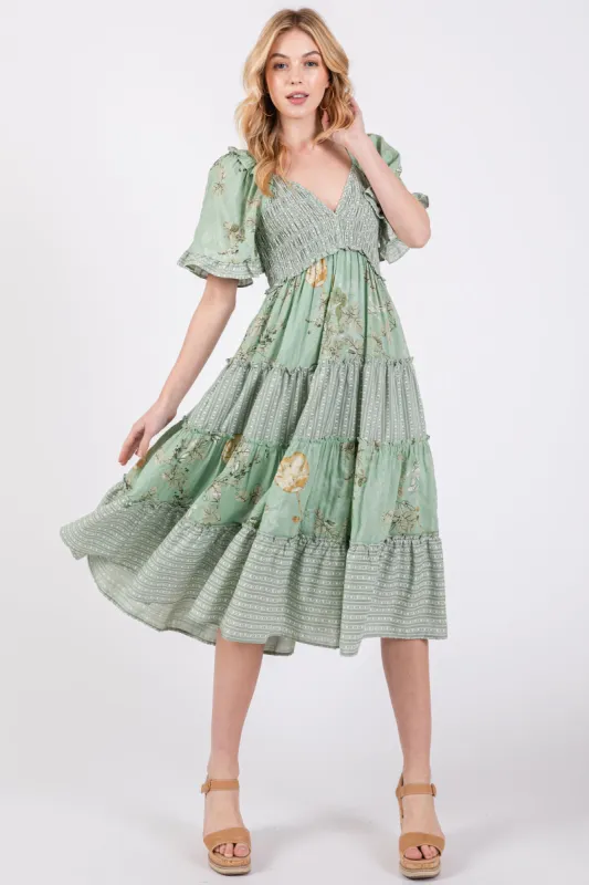 Light Green Floral V-Neck Tiered Midi Dress sold by Pinkblush