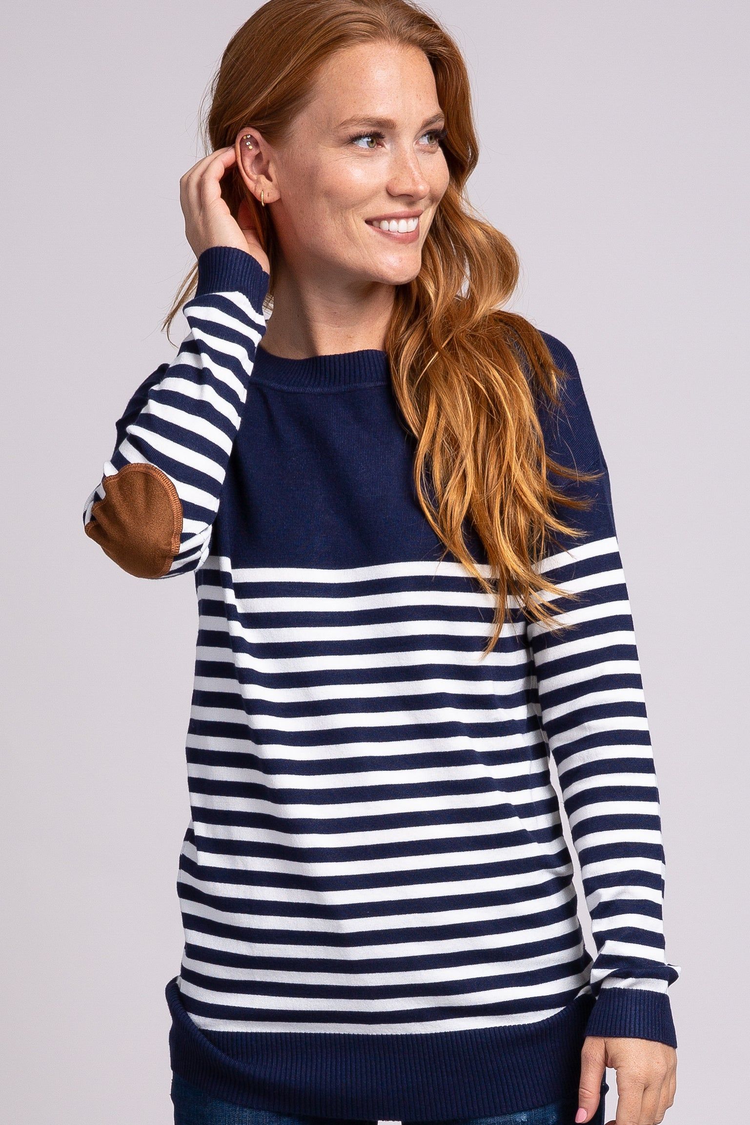 Navy Blue Striped Elbow Patch Knit Maternity Sweater sold by Pinkblush product image thumbnail 5
