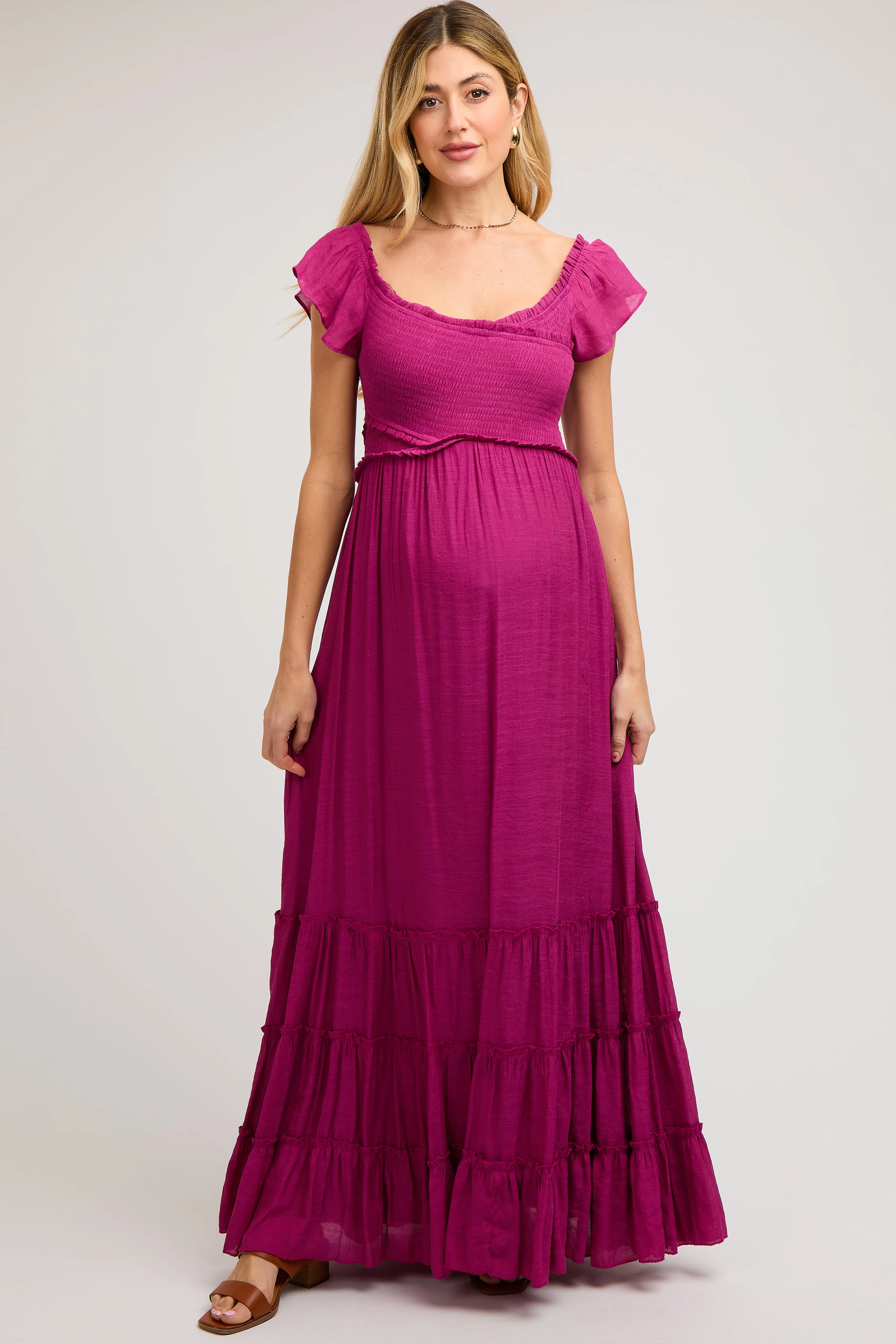 Violet Smocked Crossover Off Shoulder Maternity Maxi Dress sold by Pinkblush product image thumbnail 2