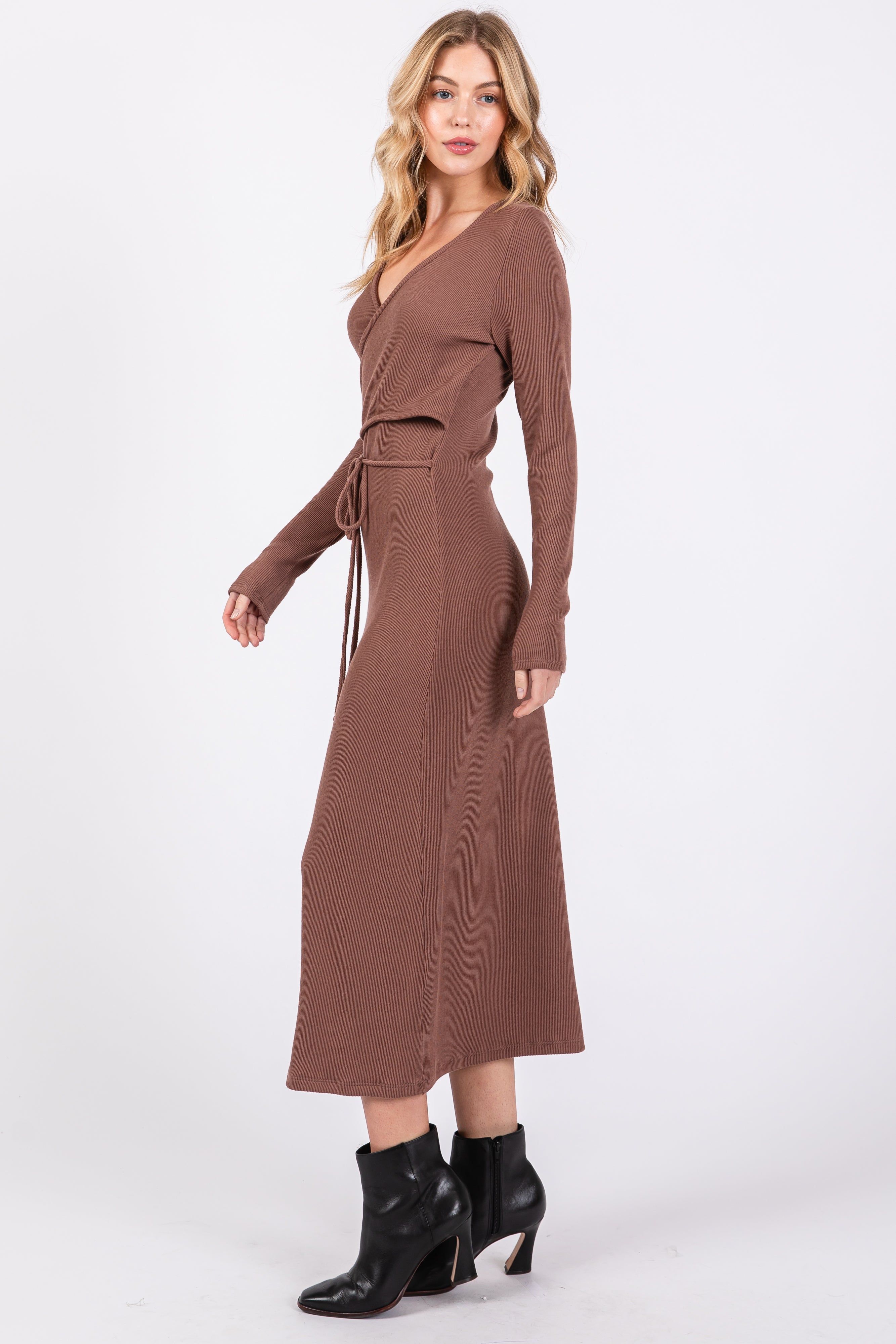 Brown Ribbed Long Sleeve Wrap Nursing Dress sold by Pinkblush product image thumbnail 3