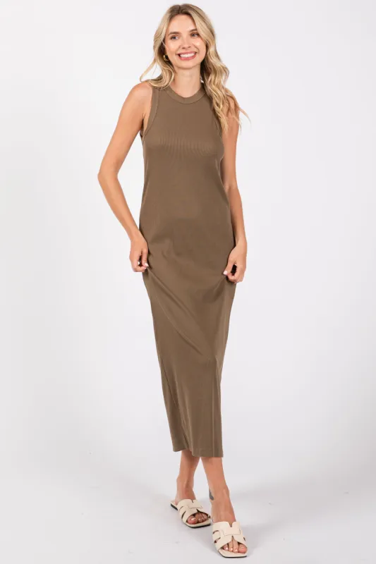 Olive Ribbed Knit Sleeveless Dress sold by Pinkblush