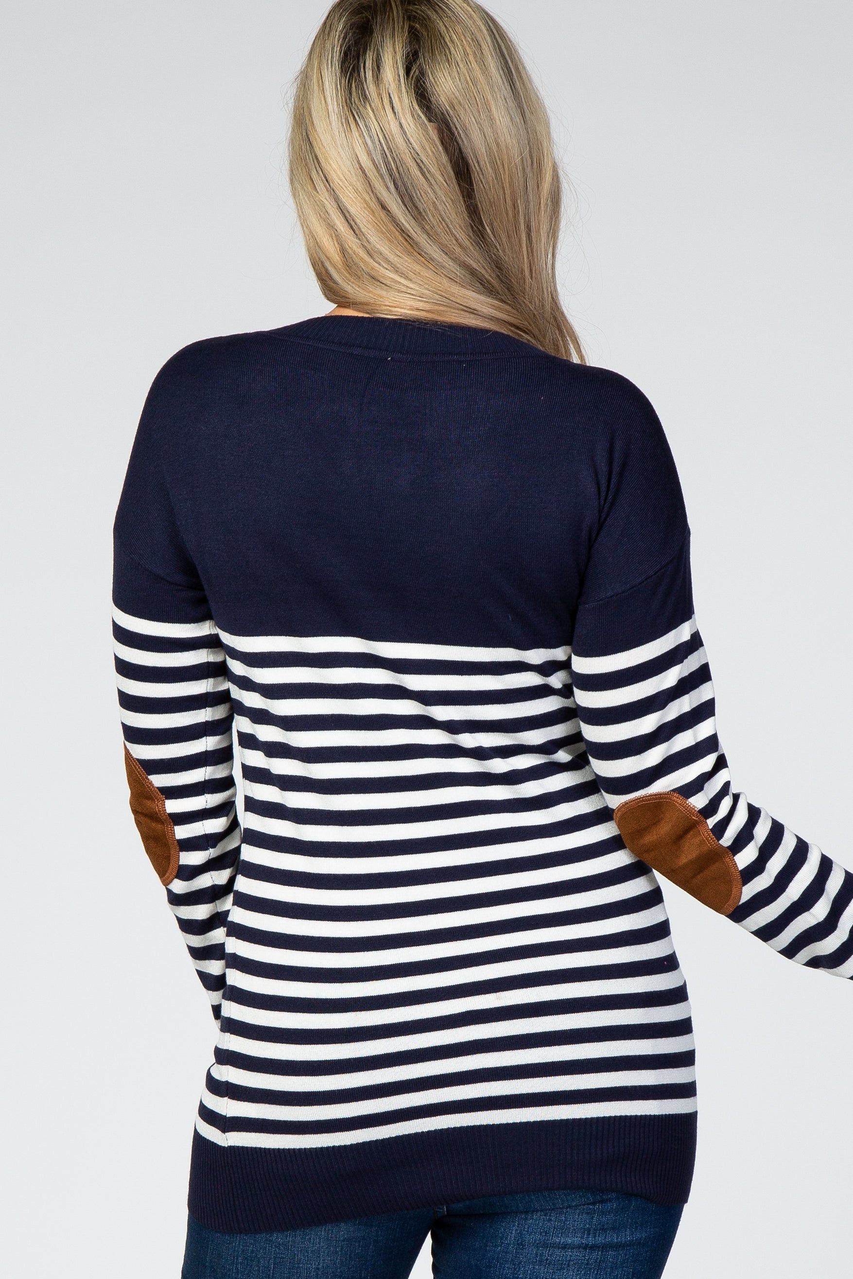 Navy Blue Striped Elbow Patch Knit Maternity Sweater sold by Pinkblush product image thumbnail 3