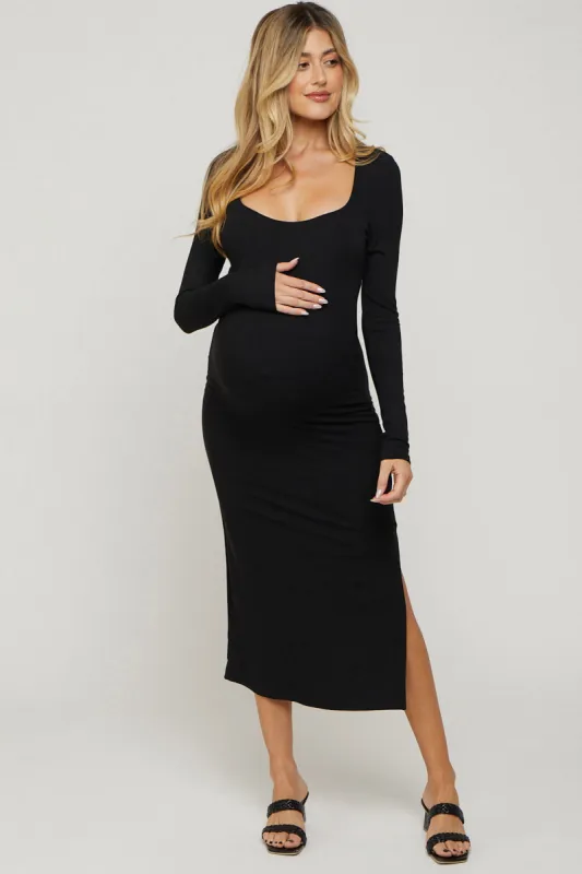 Black Ribbed Side Slit Maternity Midi Dress sold by Pinkblush