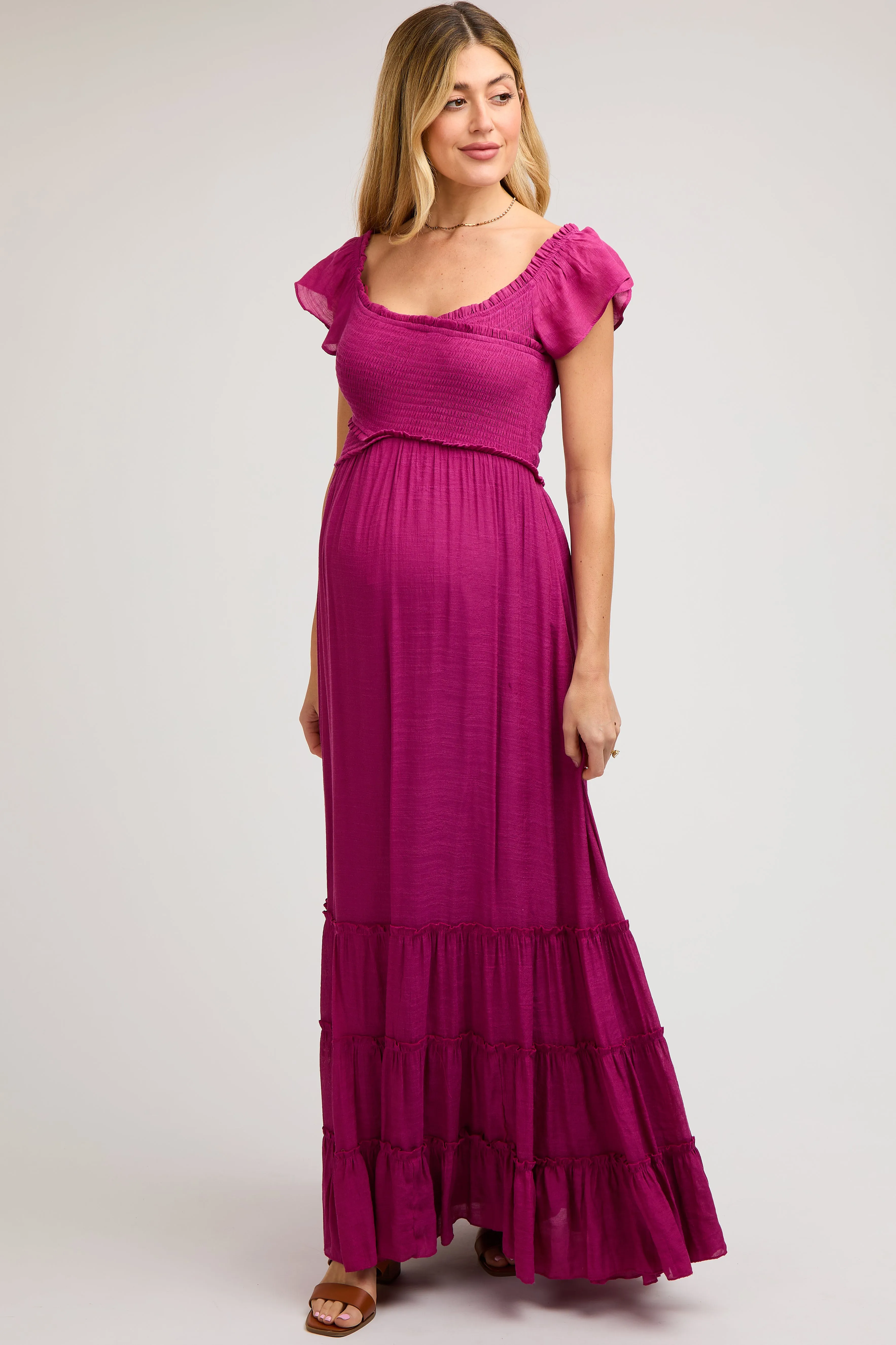 Violet Smocked Crossover Off Shoulder Maternity Maxi Dress sold by Pinkblush product image thumbnail 3
