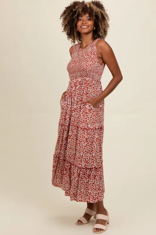 Rust Floral Sleeveless Ruffle Tiered Maxi Dress sold by Pinkblush