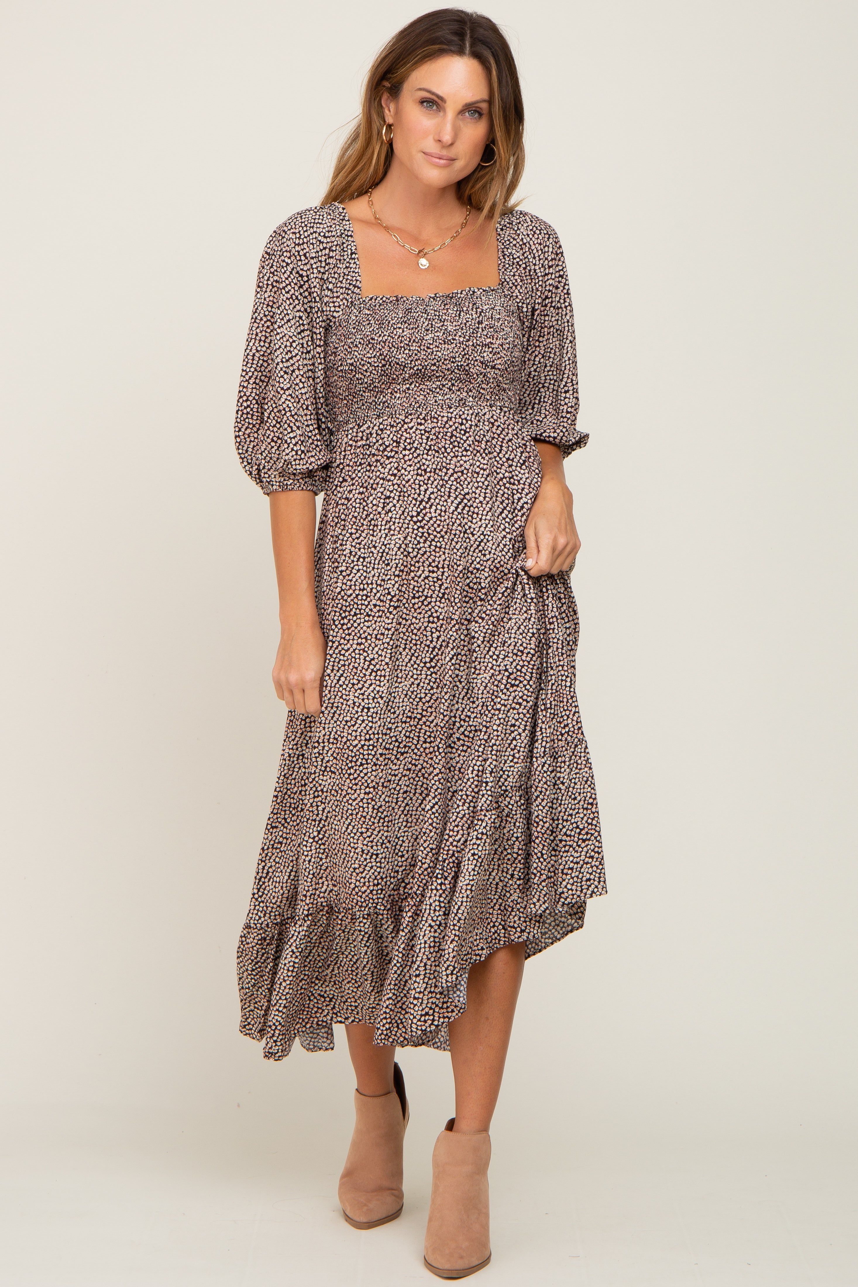 Black Ditsy Floral Smocked 3/4 Sleeve Midi Dress sold by Pinkblush product image thumbnail 5