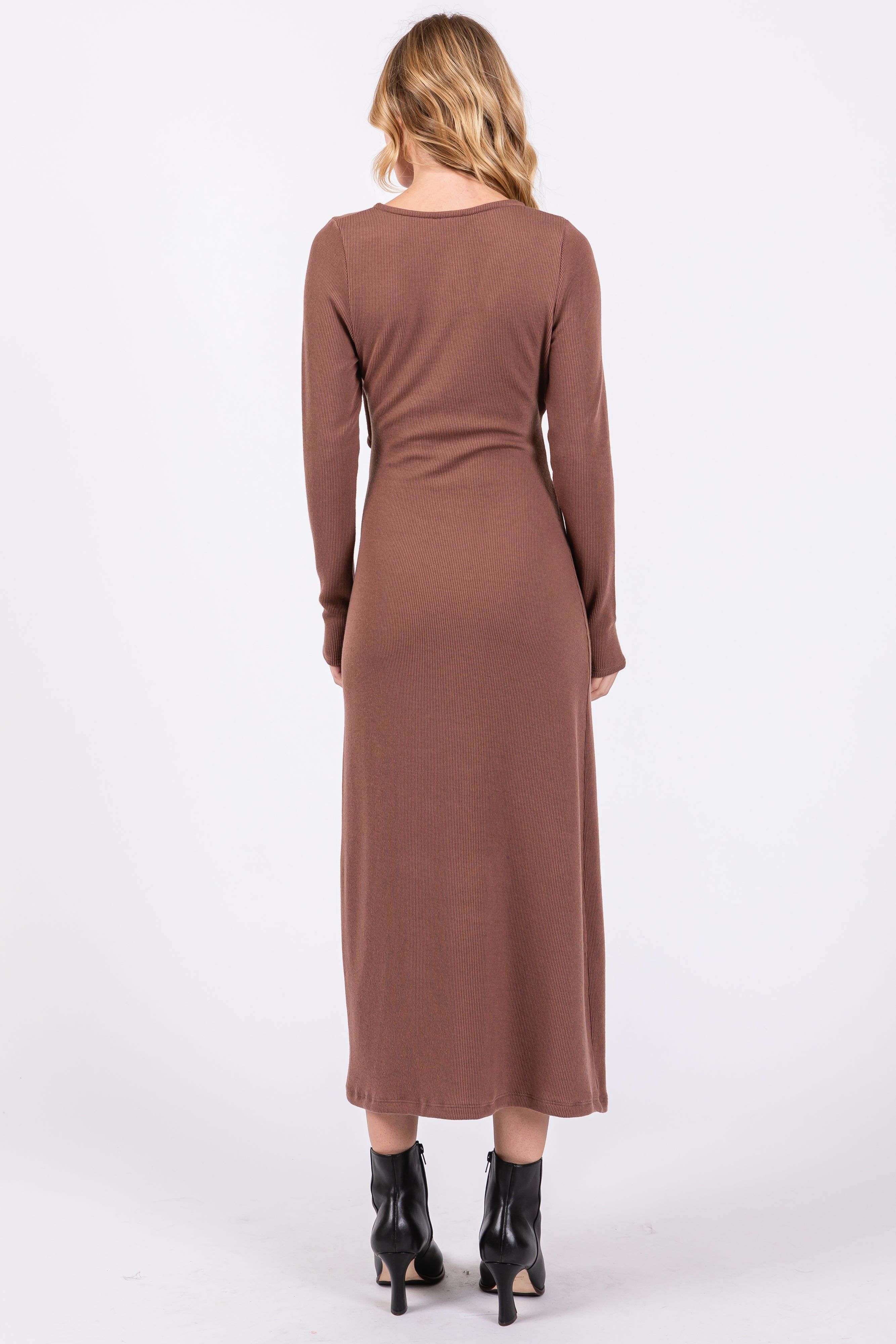 Brown Ribbed Long Sleeve Wrap Nursing Dress sold by Pinkblush product image thumbnail 4