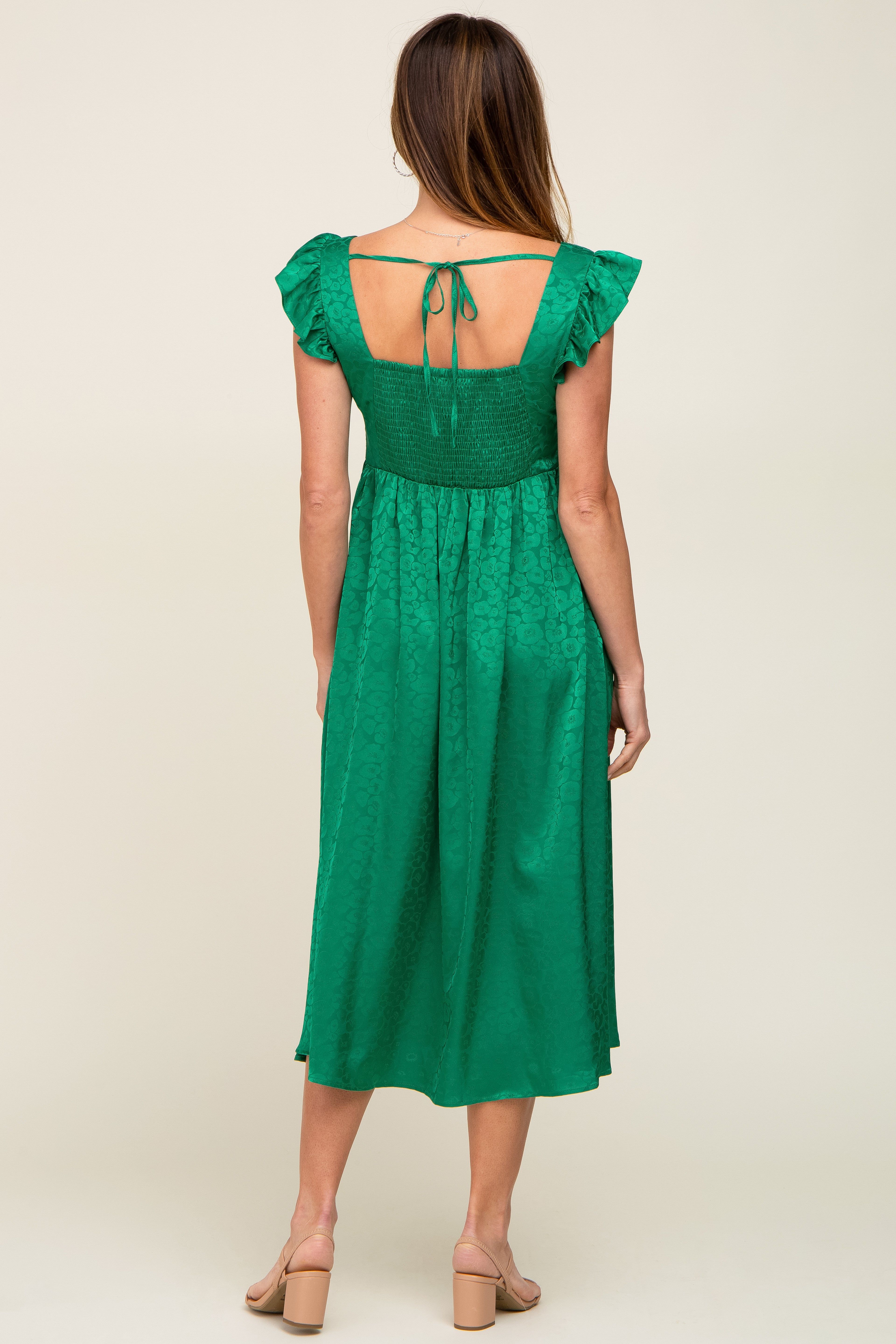 Green Satin Floral Square Neck Ruffle Strap Midi Dress sold by Pinkblush product image thumbnail 3