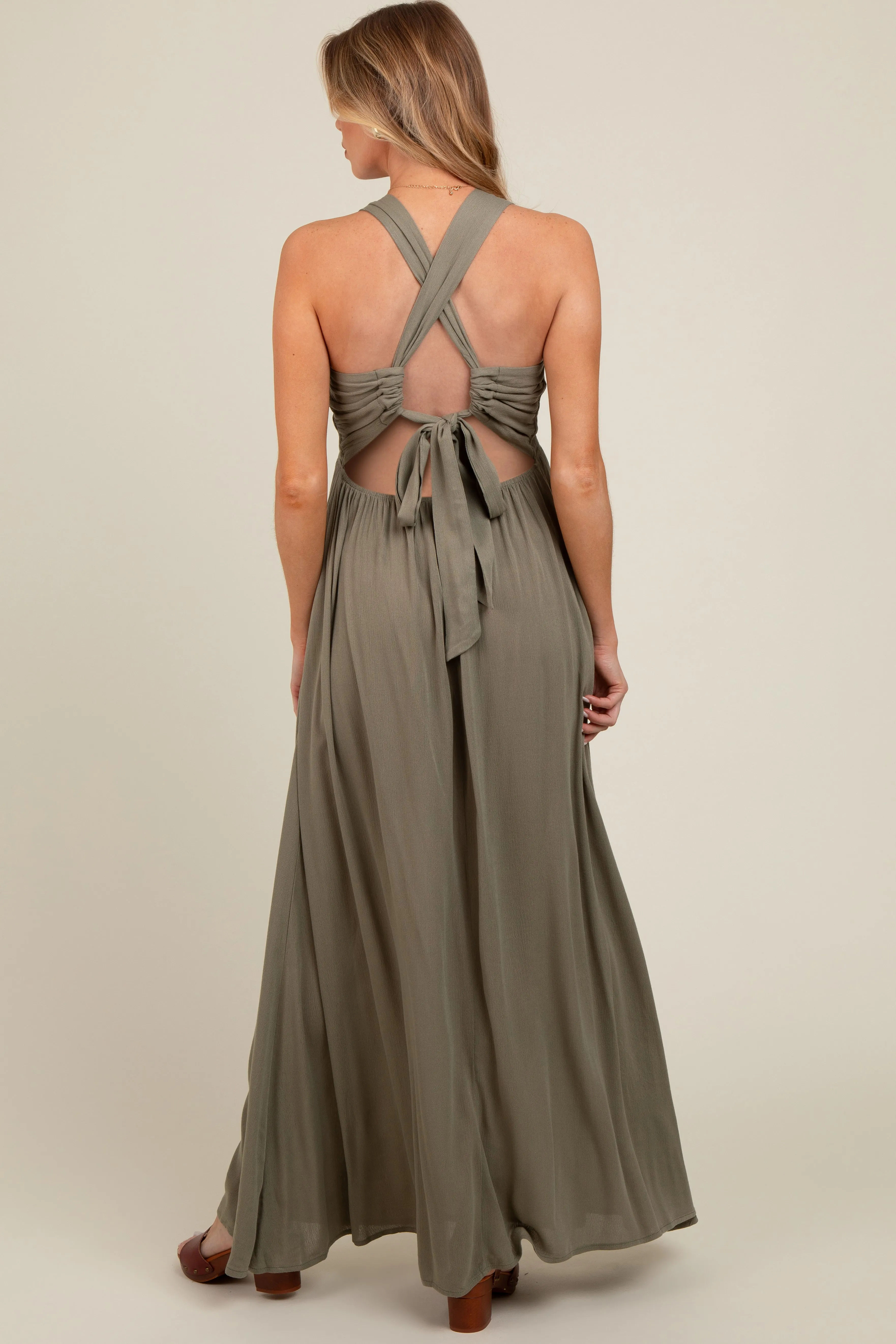 Olive Deep V-Neck Cross Back Maternity Maxi Dress sold by Pinkblush product image thumbnail 4
