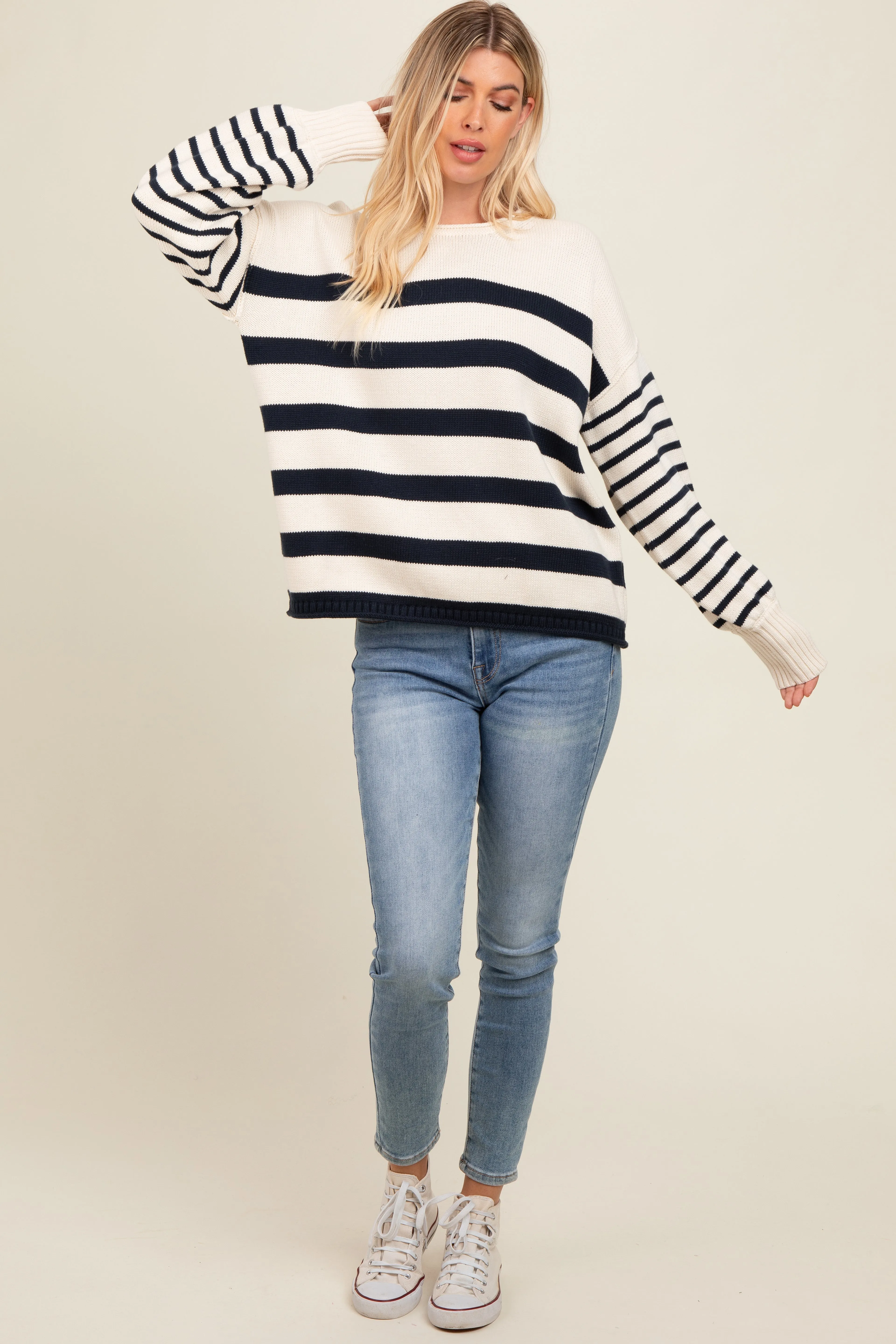 Navy Mixed Striped Knit Sweater sold by Pinkblush product image thumbnail 2