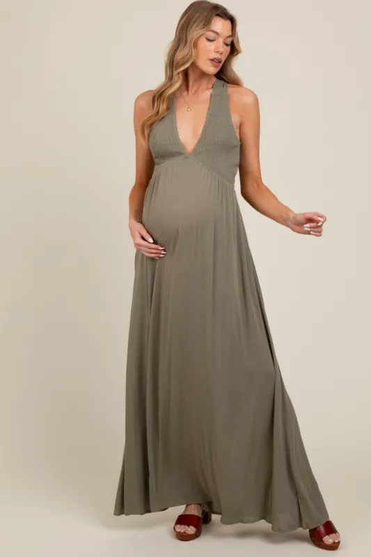 Olive Deep V-Neck Cross Back Maternity Maxi Dress sold by Pinkblush