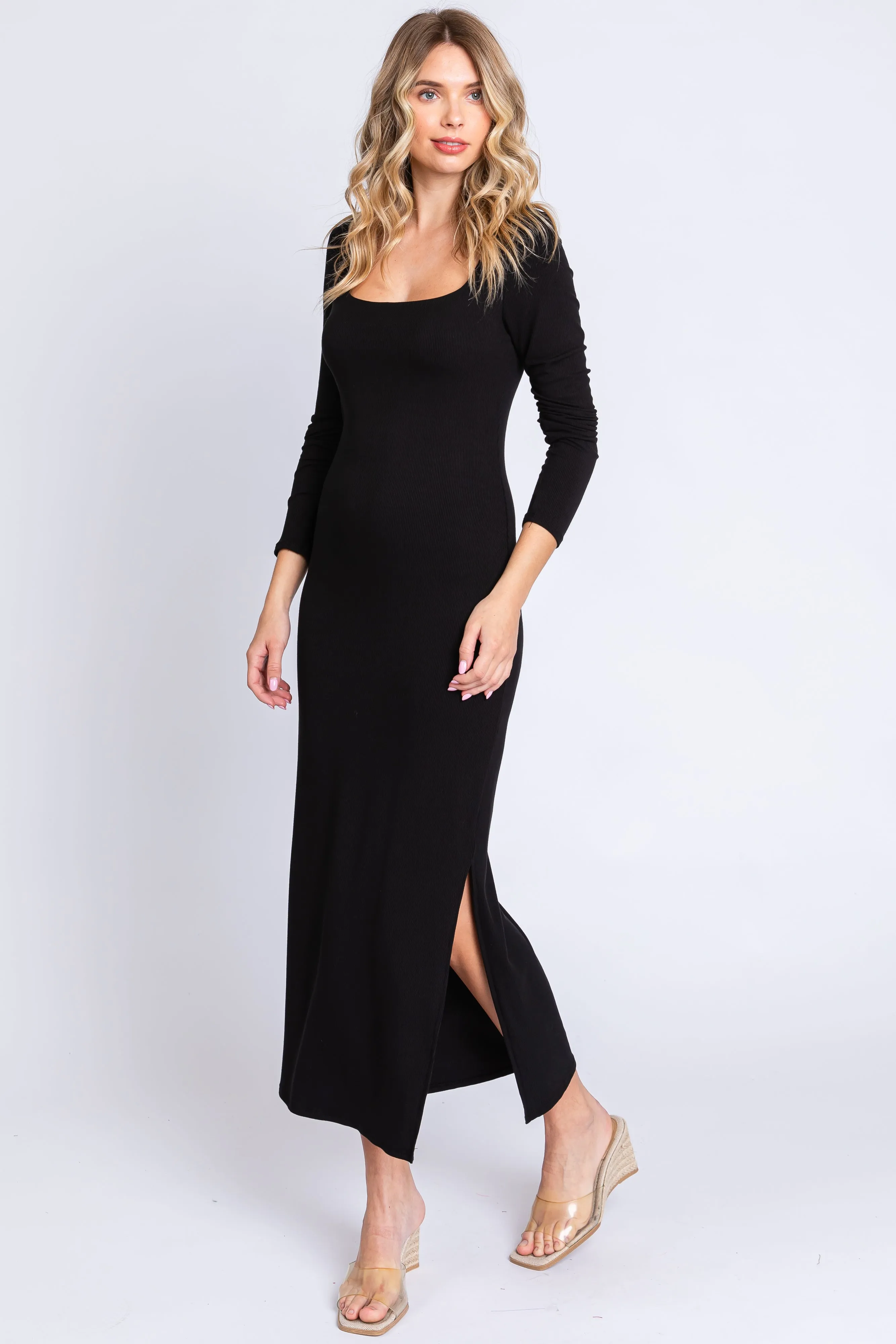 Black Ribbed Side Slit Maternity Midi Dress sold by Pinkblush product image thumbnail 5