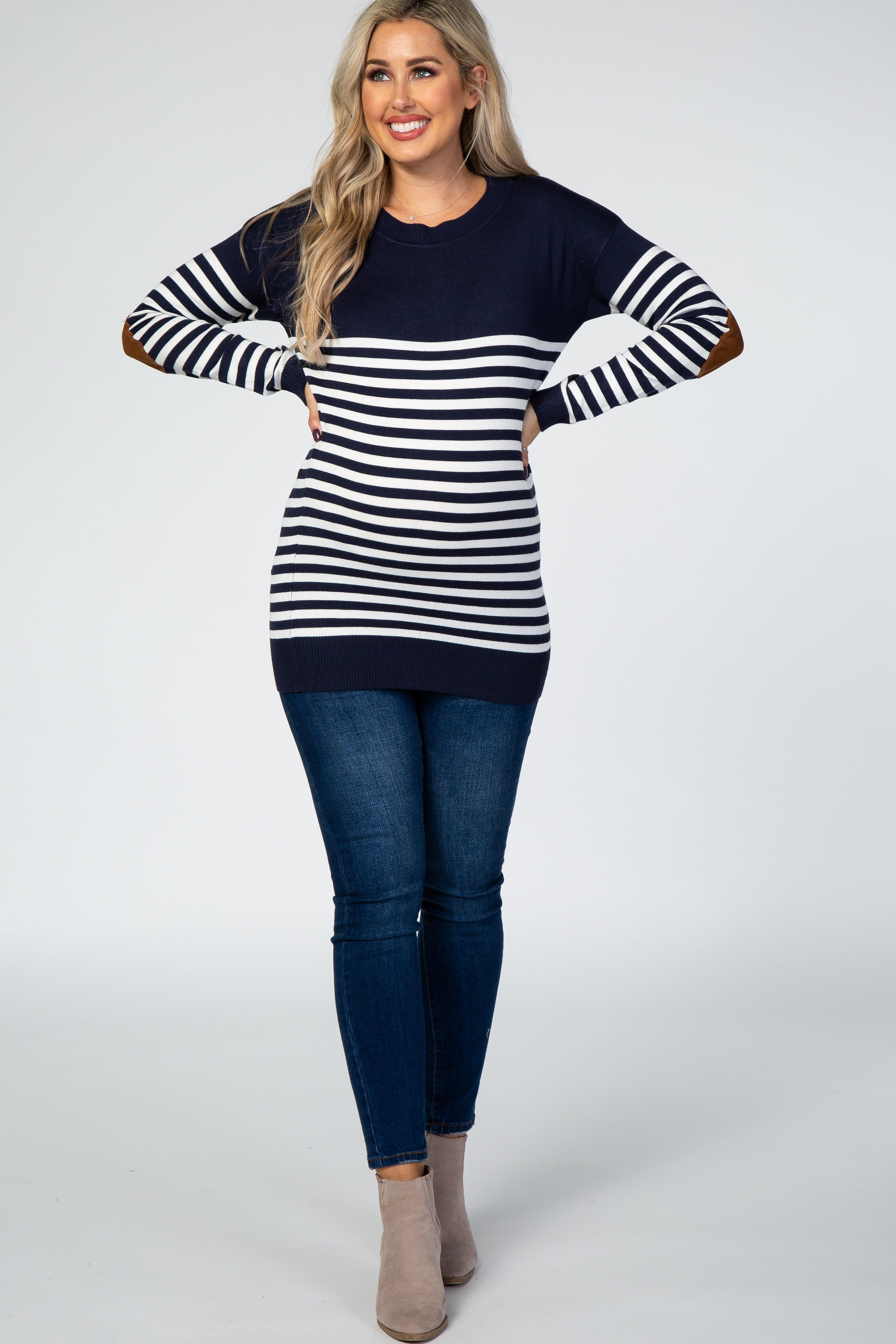 Navy Blue Striped Elbow Patch Knit Maternity Sweater sold by Pinkblush product image thumbnail 4
