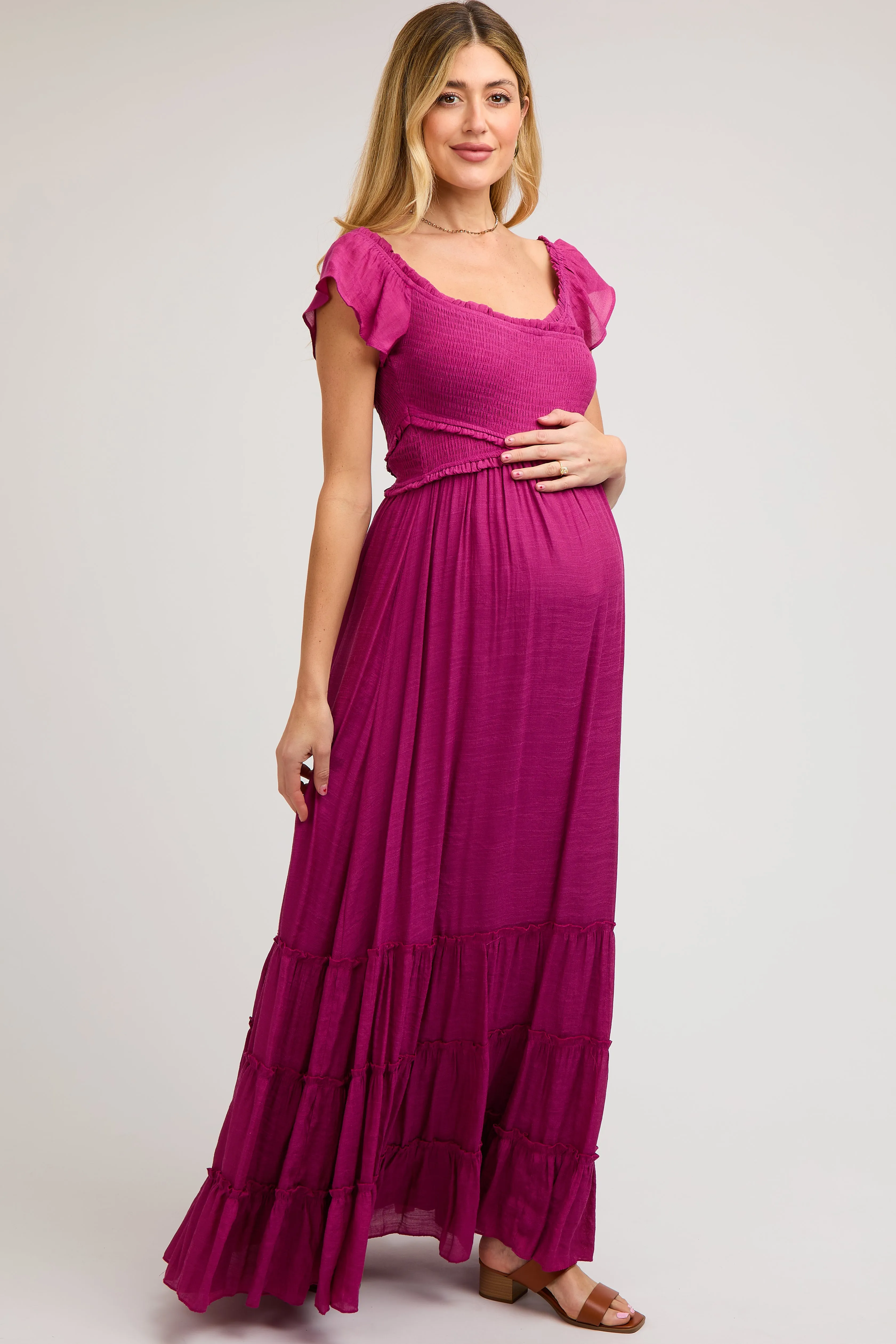 Violet Smocked Crossover Off Shoulder Maternity Maxi Dress sold by Pinkblush