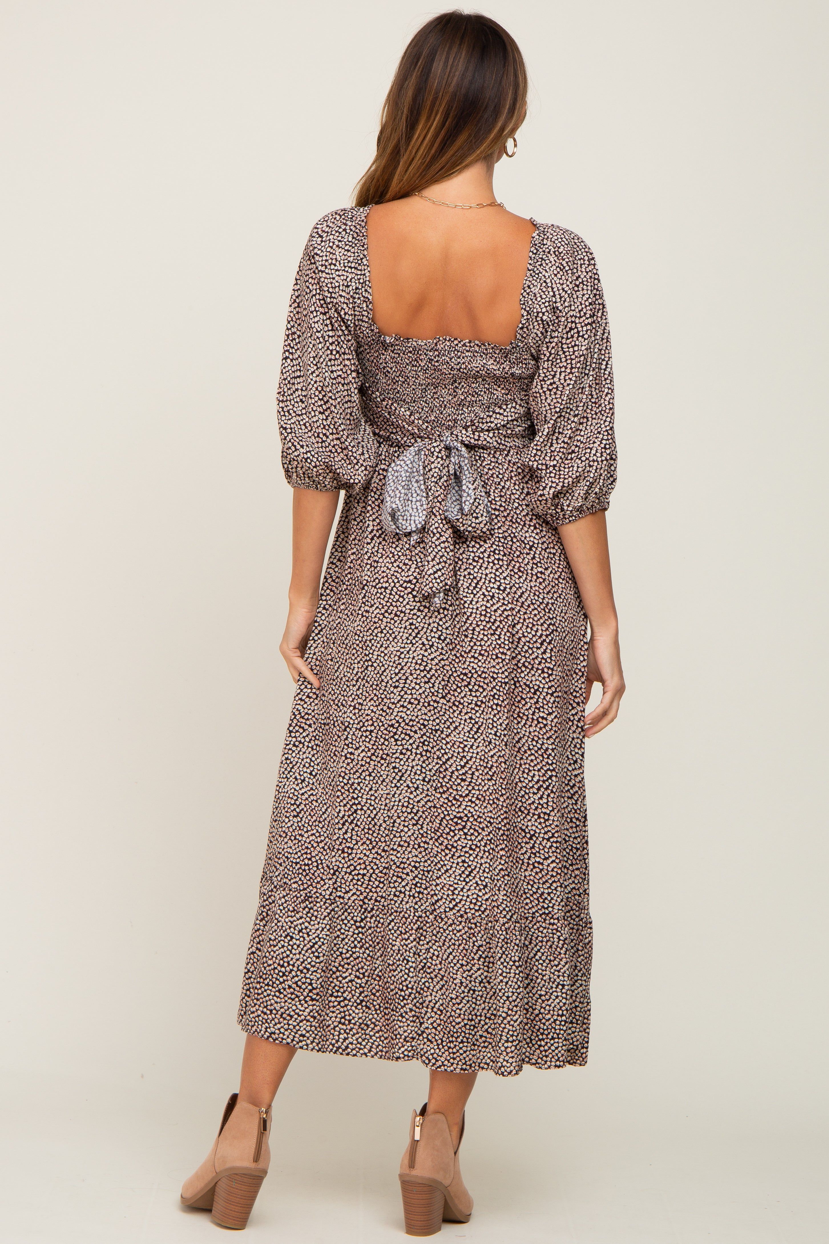 Black Ditsy Floral Smocked 3/4 Sleeve Midi Dress sold by Pinkblush product image thumbnail 3