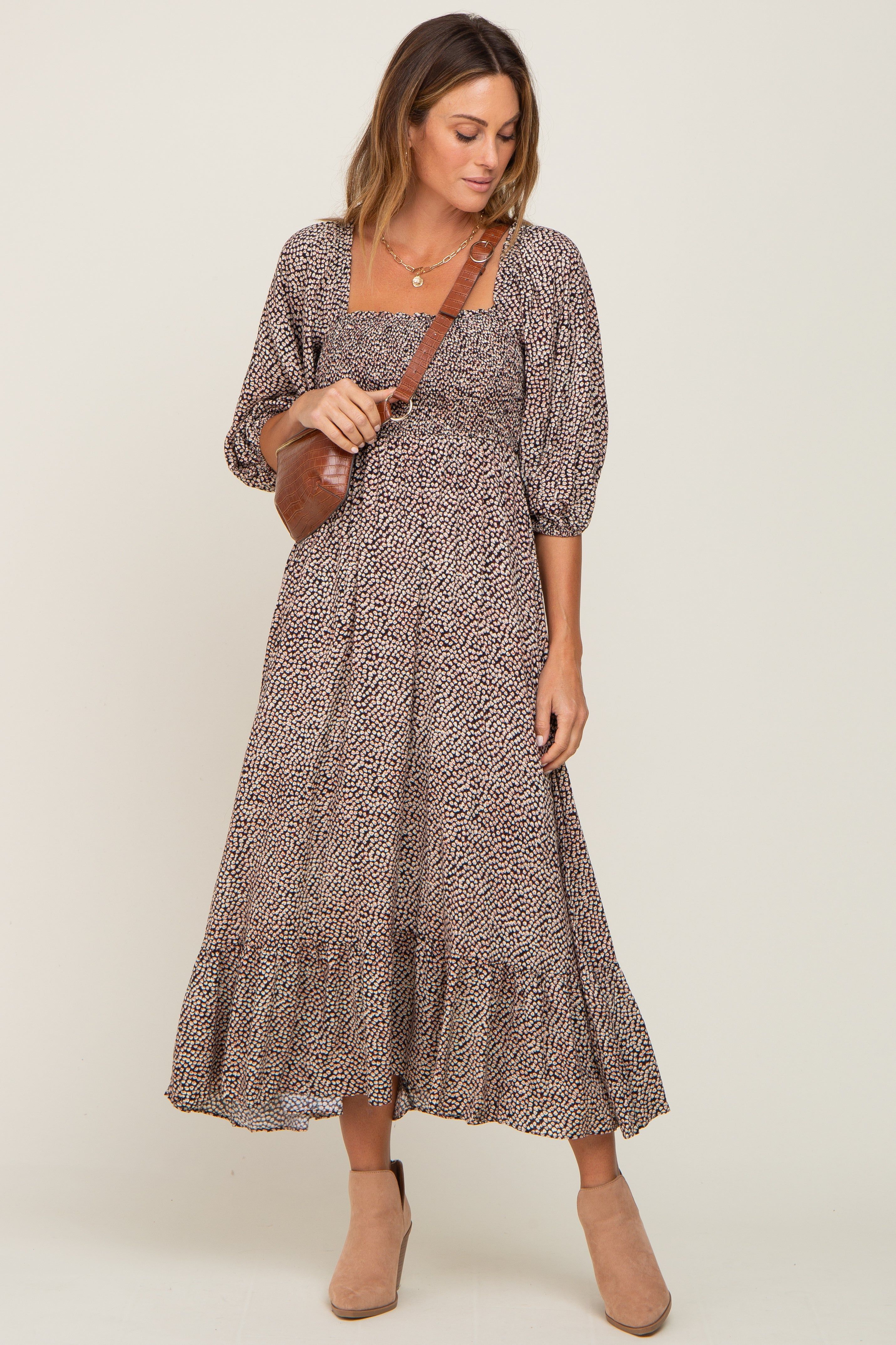 Black Ditsy Floral Smocked 3/4 Sleeve Midi Dress sold by Pinkblush