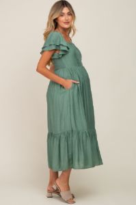 Green Flutter Sleeve Maternity Midi Dress sold by Pinkblush