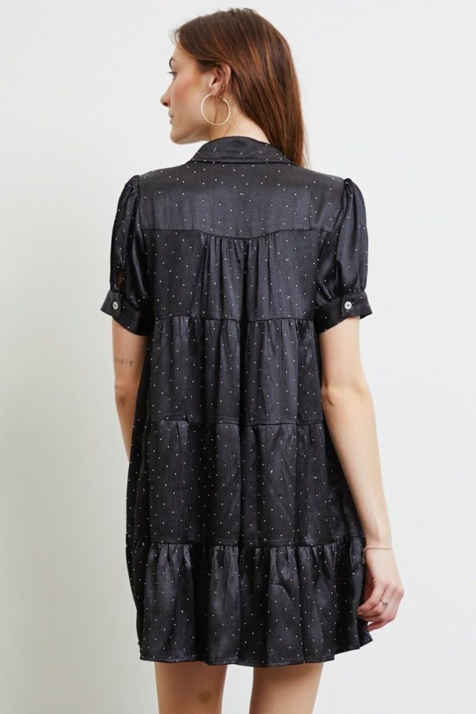 Black Beaded Satin Button Down Shirt Dress sold by Pinkblush product image thumbnail 3