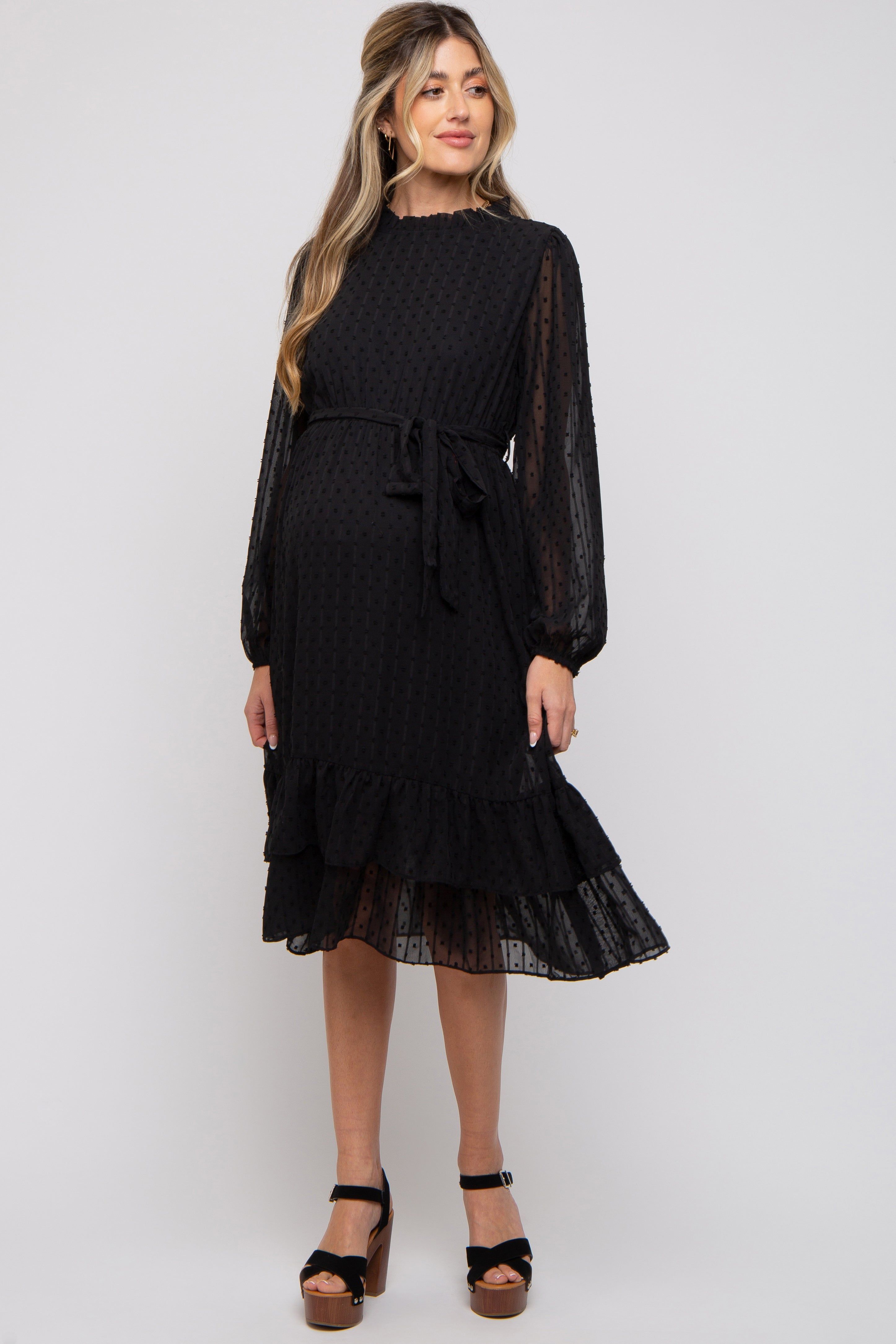 Black Swiss Dot Ruffle Accent Maternity Midi Dress sold by Pinkblush product image thumbnail 4