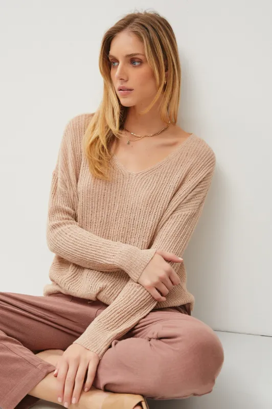 Beige Knit V-Neck Long Sleeve Top sold by Pinkblush