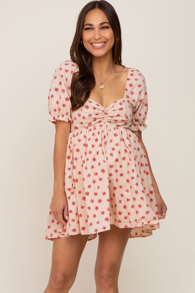 Beige Floral Puff Sleeve Maternity Romper sold by Pinkblush