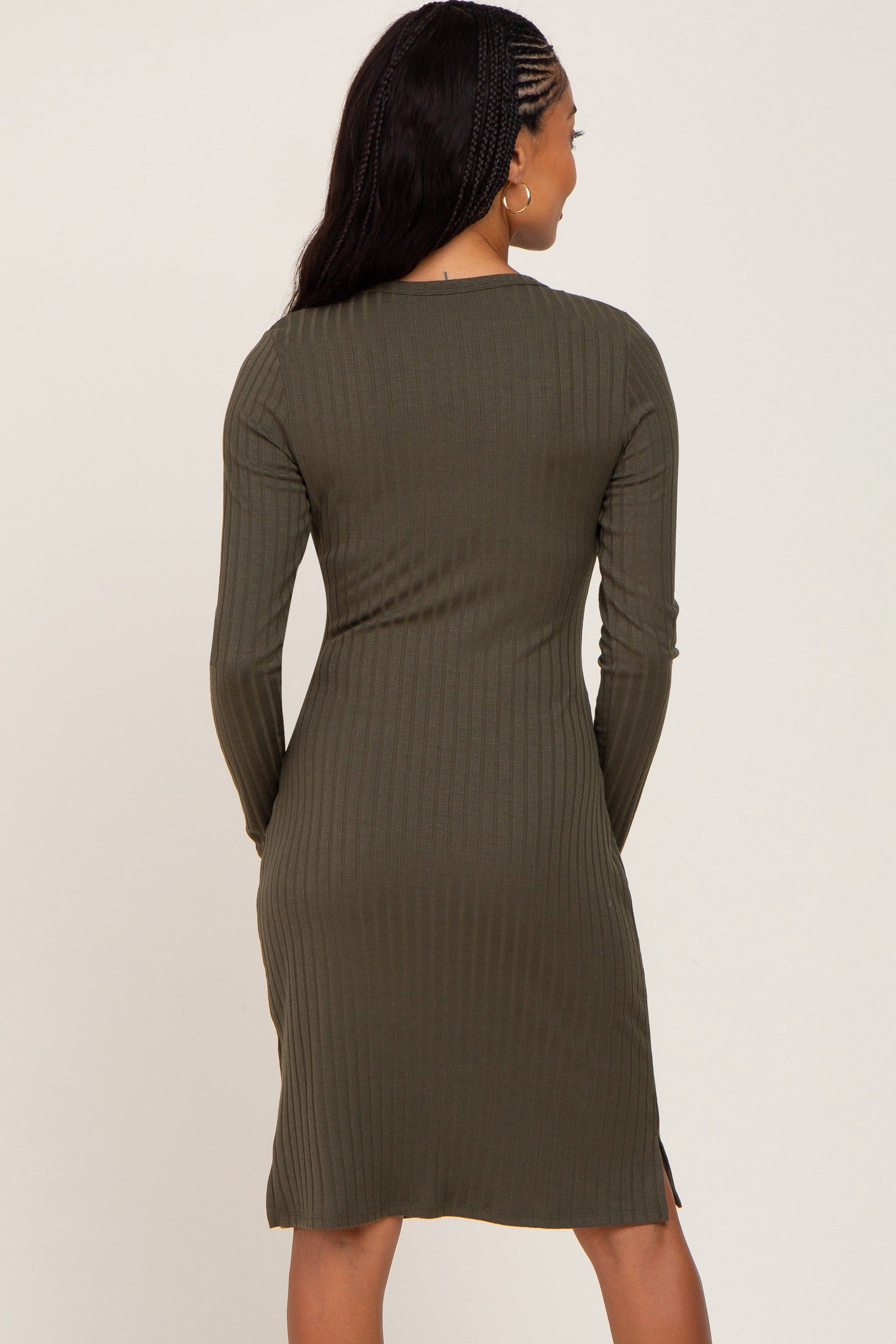 Olive Ribbed Basic Long Sleeve Dress sold by Pinkblush product image thumbnail 3