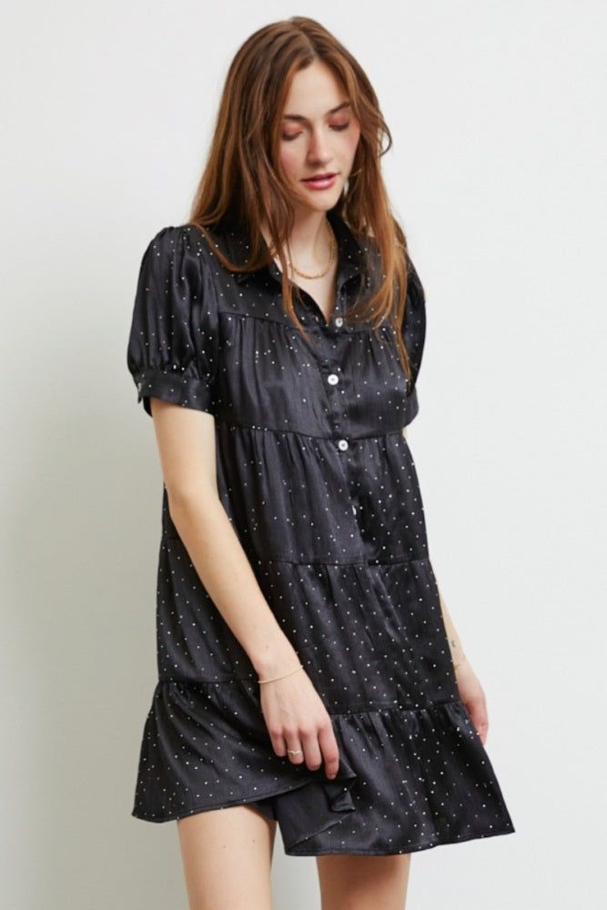 Black Beaded Satin Button Down Shirt Dress sold by Pinkblush