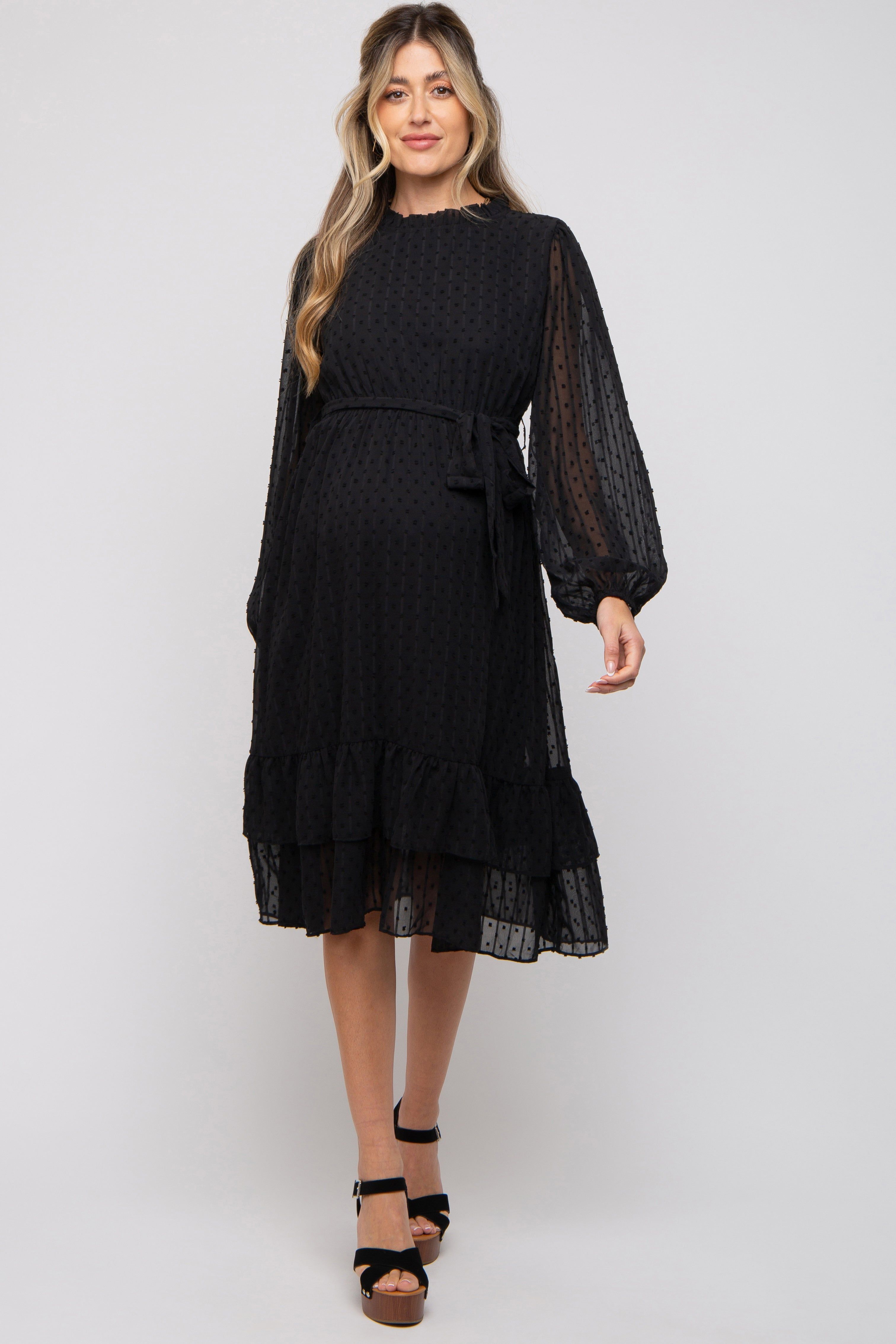 Black Swiss Dot Ruffle Accent Maternity Midi Dress sold by Pinkblush product image thumbnail 2