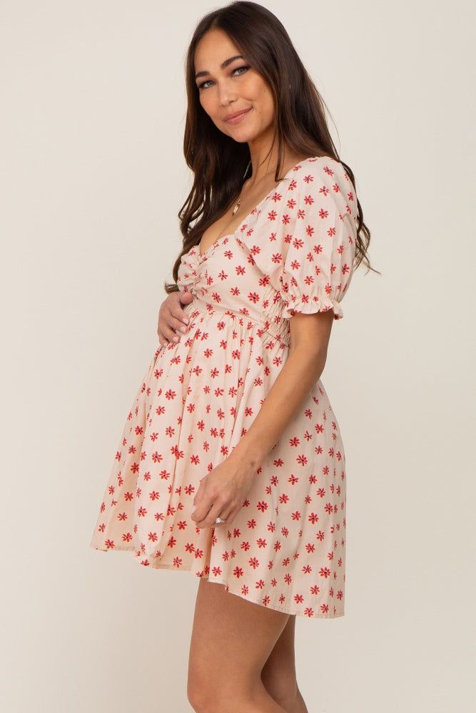 Beige Floral Puff Sleeve Maternity Romper sold by Pinkblush product image thumbnail 2