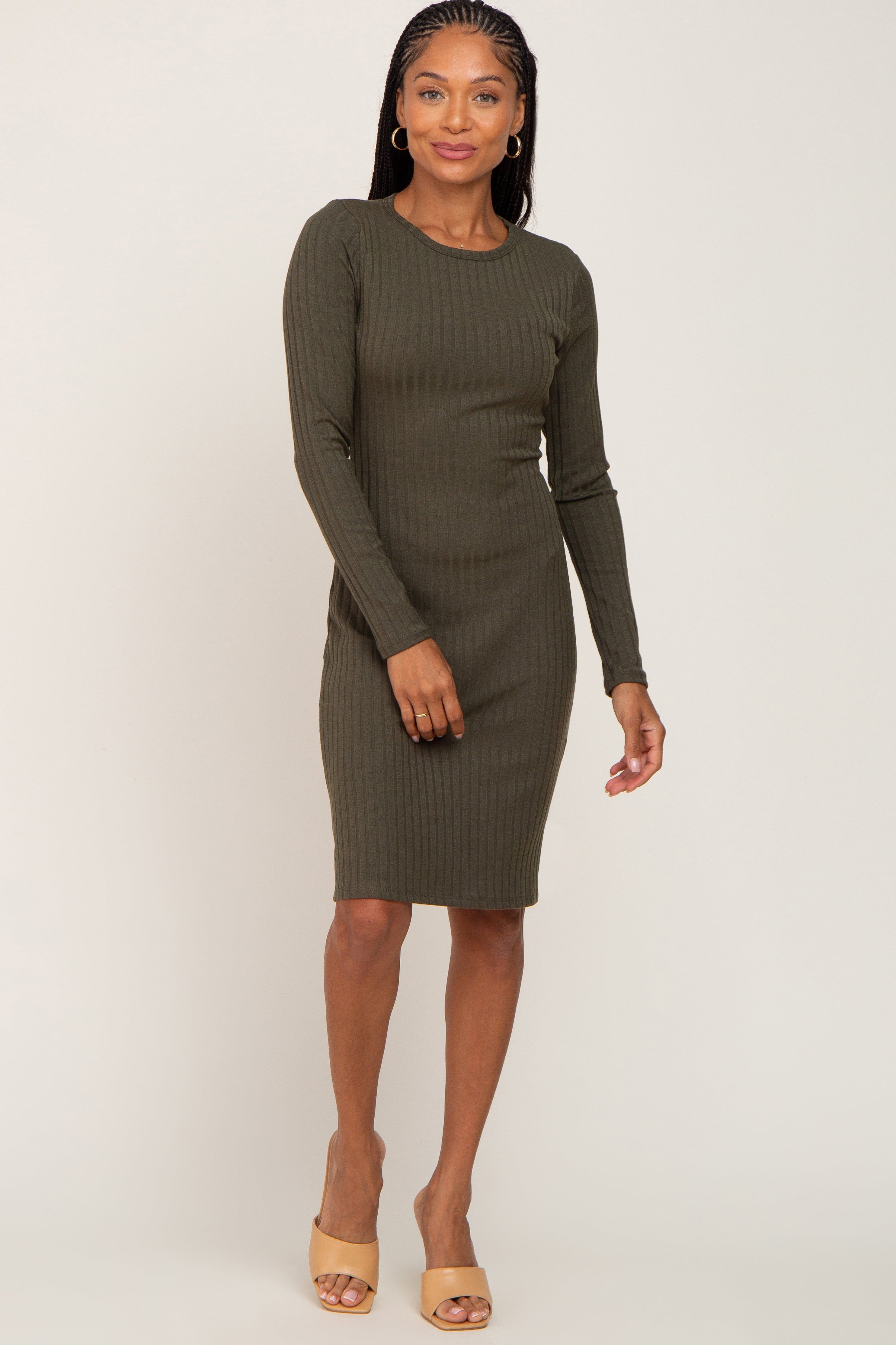 Olive Ribbed Basic Long Sleeve Dress sold by Pinkblush product image thumbnail 4