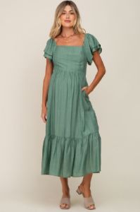 Green Flutter Sleeve Maternity Midi Dress sold by Pinkblush