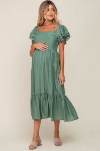Green Flutter Sleeve Maternity Midi Dress sold by Pinkblush