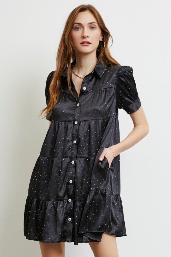 Black Beaded Satin Button Down Shirt Dress sold by Pinkblush product image thumbnail 2