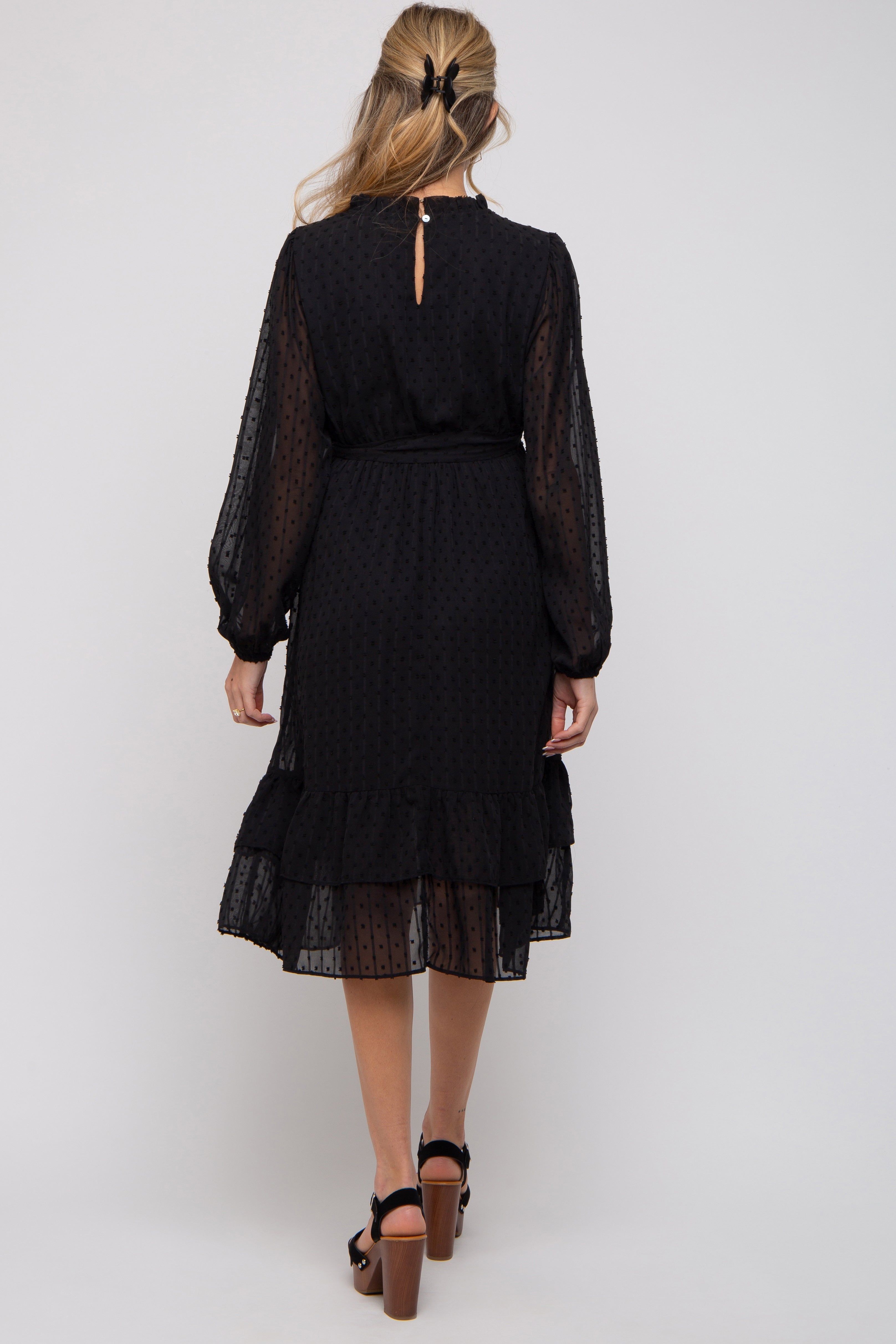 Black Swiss Dot Ruffle Accent Maternity Midi Dress sold by Pinkblush product image thumbnail 3