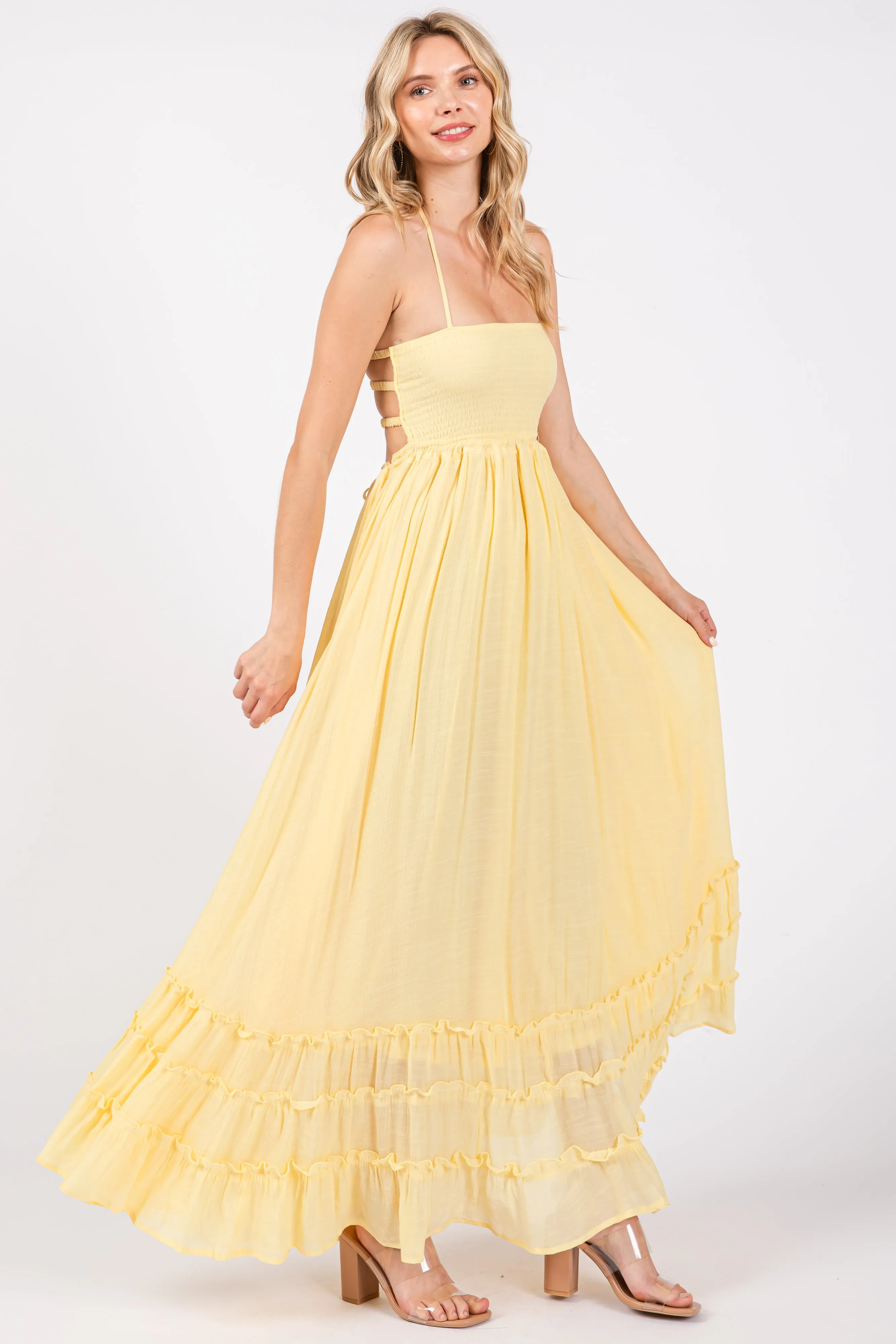 Yellow Smocked Halter Cutout Maxi Dress sold by Pinkblush product image thumbnail 2
