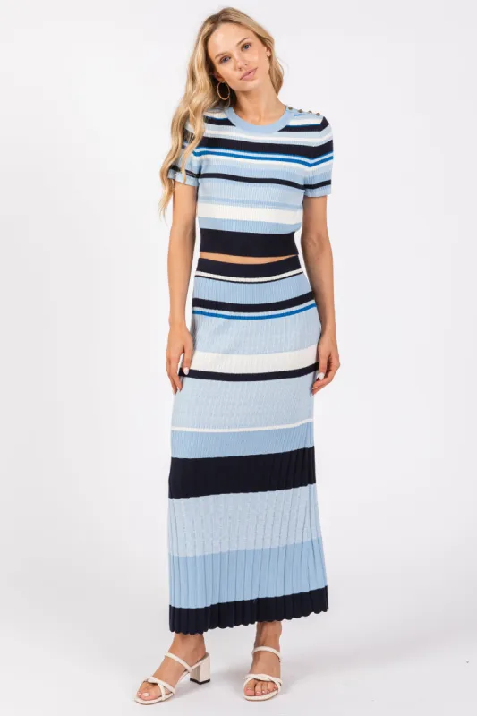 Blue Ribbed Striped Skirt Set sold by Pinkblush