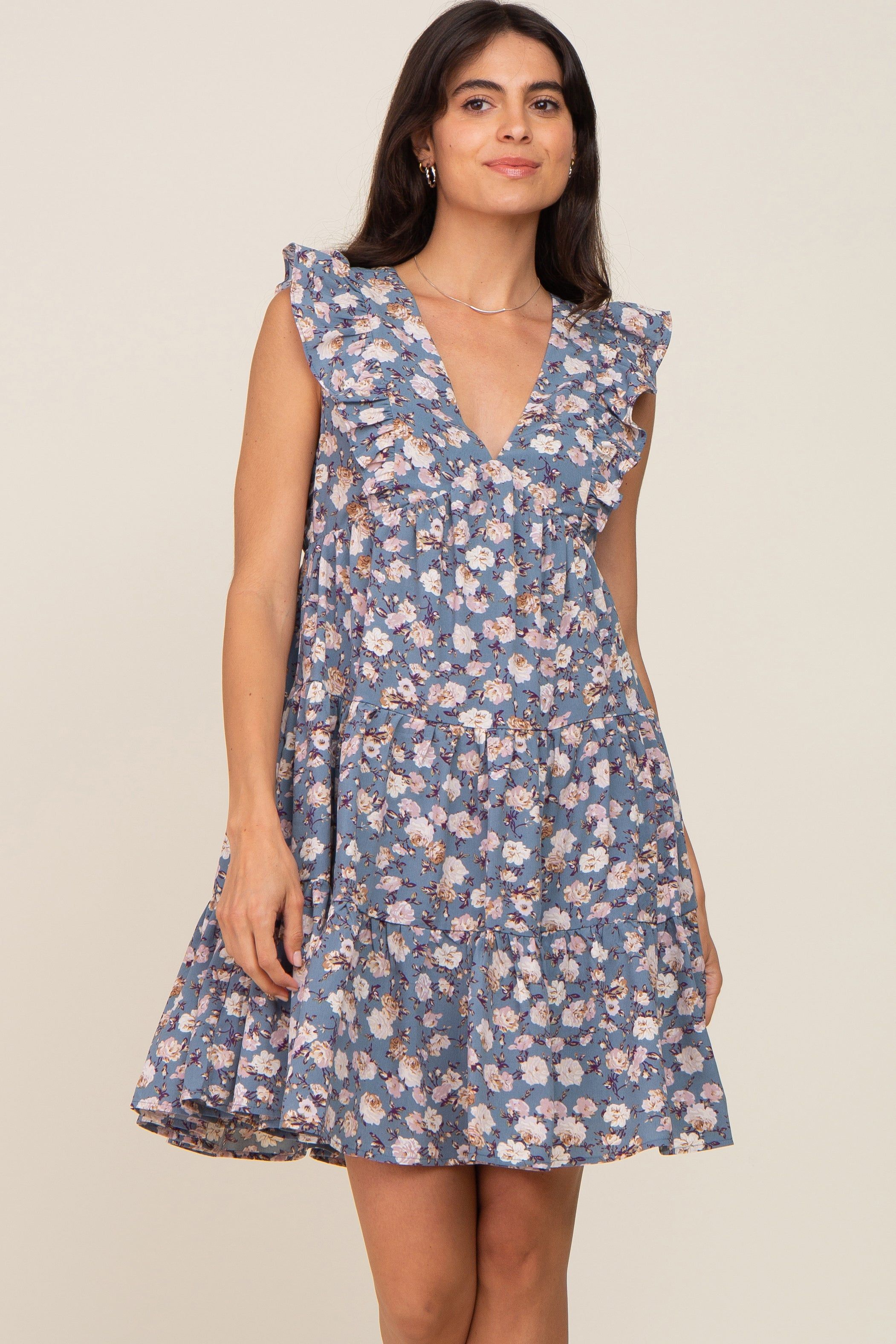 Blue Floral Ruffle Accent Tiered Maternity Dress sold by Pinkblush product image thumbnail 5